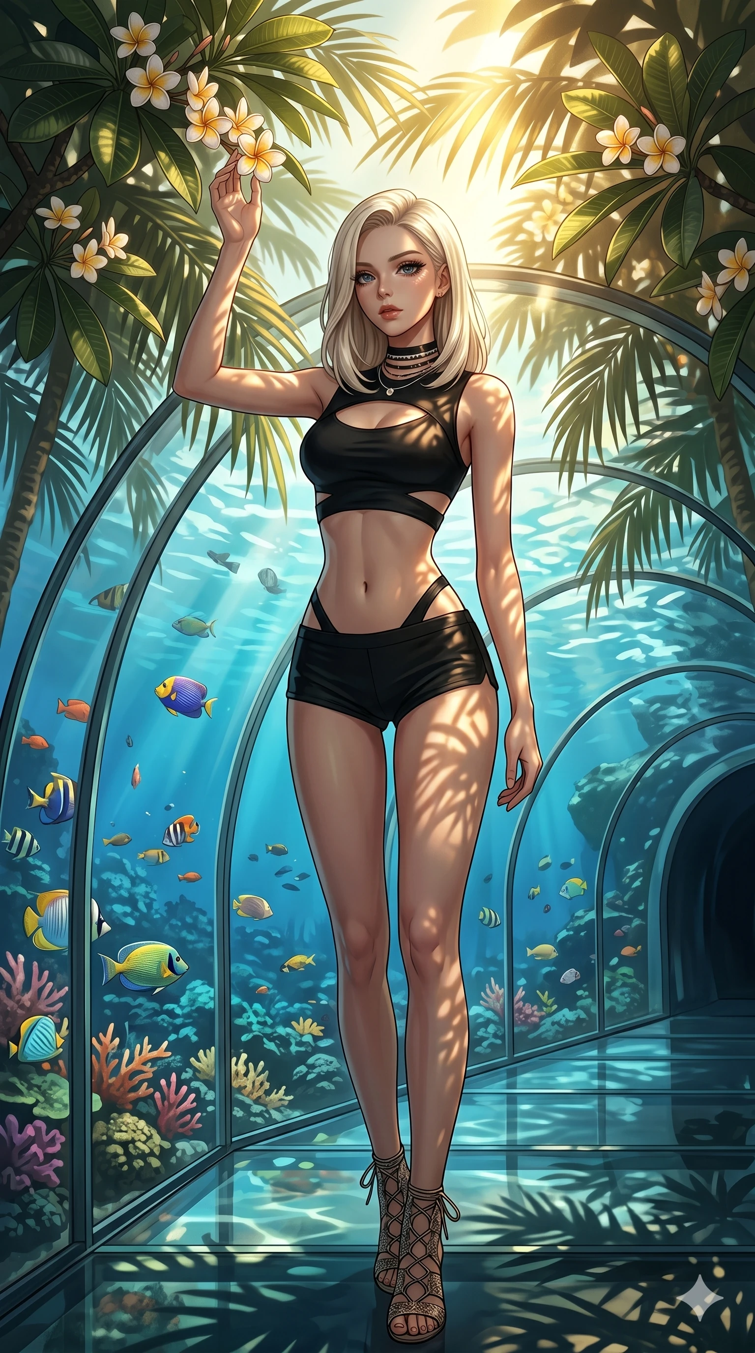 score_9, masterpiece, best quality, ultra-detailed, high-budget anime keyframe, editorial fashion photography, tasteful artistic composition, Caucasian woman, strictly human ears. cowboy shot from the thighs up, character and outfit filling the frame for maximum editorial presence. reaching up to touch a frangipani flower, looking over her shoulder with a sultry gaze inside a beachside glass tunnel with swimming colorful tropical fish (Code-P19-114). She has an absolutely perfect 8-heads proportion, an exceptionally tall and slender female figure with impossibly long slender legs and an ultra-slim waist. V-shaped jawline, high-bridge nose, intricate jewel-like eyes with depth, thick eyelashes, glossy lips with a natural sheen. wearing a crop top showing her bare midriff and micro-shorts on the deck. dramatic chiaroscuro with a single golden key light filtering through the trees. 2k, ultra detail, master piece, 9:16 ratio