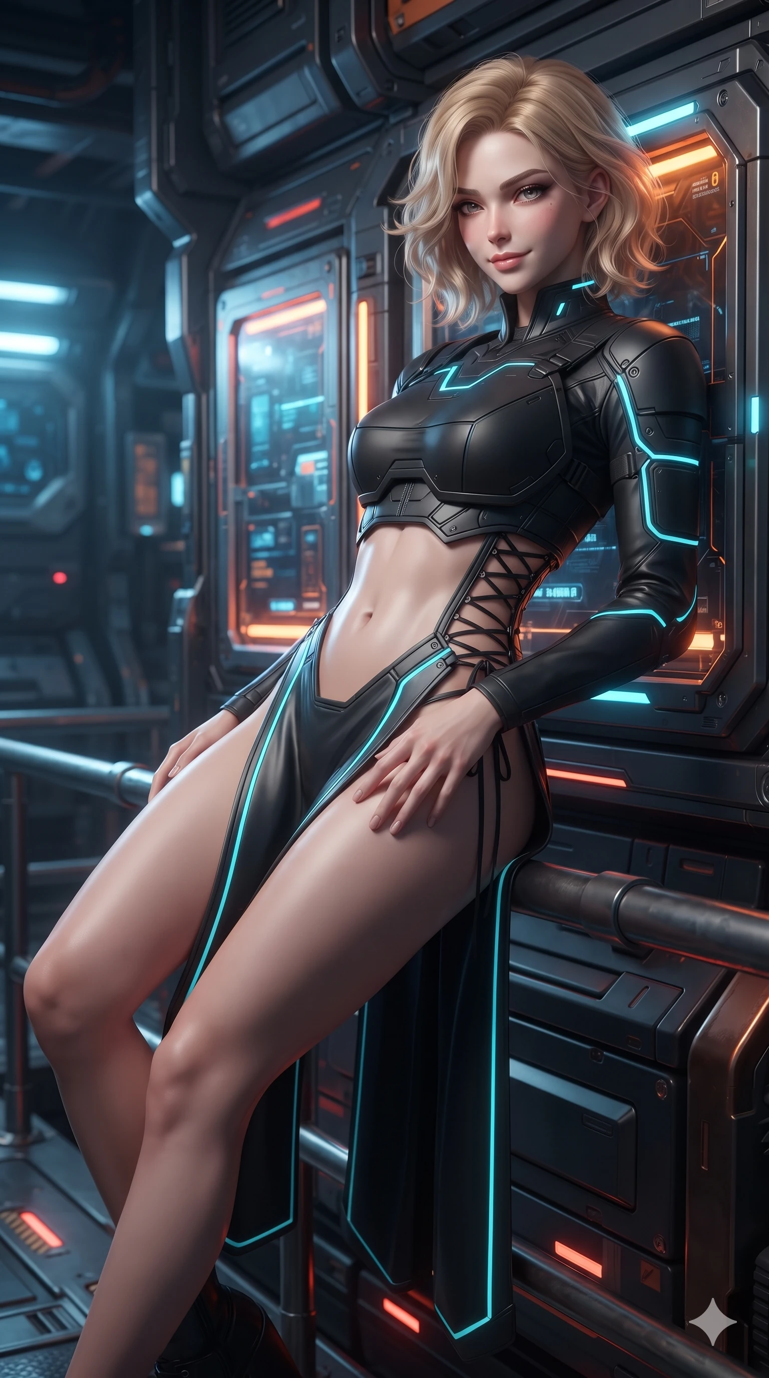 score_9, masterpiece, best quality, ultra-detailed, high-budget anime keyframe, editorial fashion photography, tasteful artistic composition, Caucasian woman. close-up cowboy shot from the waist and thighs up, the character dominates the composition, filling the frame with her large presence. leaning back against the glowing maintenance bulkhead with relaxed seductive grace, her flat midriff and narrow waist highlighted as laser ambient light traces her curves while lounging gracefully on the maintenance railing propped on one elbow with legs extended, displaying her long slender limbs and statuesque hourglass silhouette against the subterranean plasma matrix. The surrounding environment is rendered in vivid detail and crisp panoramic clarity: detailed high-tech combat tailoring, brushed alloy accents, and monumental geothermal architecture in razor-sharp precision. She has an exceptionally elegant, slender, and willowy female figure with an ultra-slim waist, flat toned midriff, narrow ribcage, and sculpted feminine hips creating an alluring, slim hourglass silhouette without bulk. sharp v-shaped jawline, high-bridge nose, intricate jewel-like sparkling eyes with depth, thick eyelashes, glossy parted lips with a natural sheen, bright confident smile with an enchanting and coquettish sensual glint, exuding both youthful magnetic charm and sovereign high-tech allure, flawlessly proportioned anatomical accuracy, strict slender model proportions, natural body alignment, perfectly sculpted long slender limbs, ultra-slim waistline, clean dynamic posture without body distortion. wearing a cyber-samurai tactical suit featuring a shortened carbon chestplate and high-slit armored wrap skirt in matte obsidian black and glowing neon cyan trim, made of flexible bullet-resistant ballistic microfiber with high-tensile strength, featuring fine criss-cross lace-up side ties revealing tantalizing glimpses of her hip curve, the bespoke structured tailoring following the natural line of her 8.5-heads silhouette with refined elegance. illuminated by floor warning lights and sharp copper rim lighting sculpting her razor-sharp jawline, narrow waist, and curvy hips. ultra-reflective glossy finish, specular highlights, rich textural contrasts, high-contrast stereoscopic depth, volumetric dynamic lighting, 2k, ultra detail, master piece, 9:16 ratio