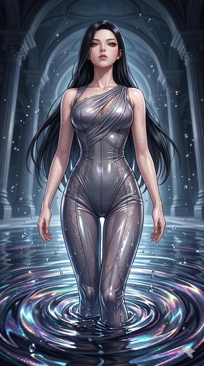 score_9, masterpiece, best quality, ultra-detailed, High-budget Anime Keyframe, East Asian woman. Dynamic full-body shot stretching the vertical silhouette to the limit. Scenario 14: Rising from a pool of shimmering fluid environment, droplets rollin