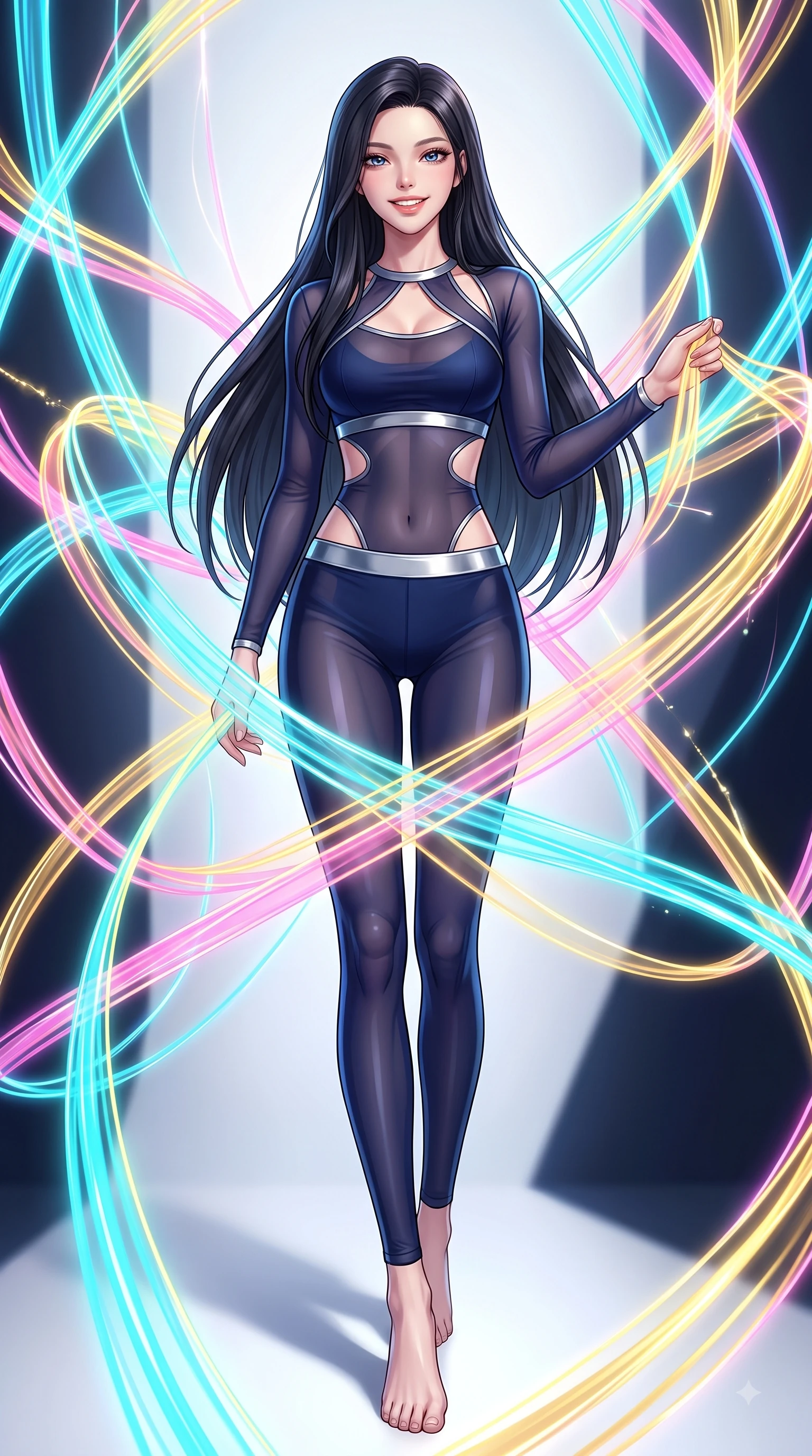 score_9, masterpiece, best quality, ultra-detailed, high-budget anime keyframe, editorial fashion photography, tasteful artistic composition, Korean woman. low angle full-body shot from head to toe showing her feet, filling the entire 9:16 vertical frame with her statuesque presence, stretching her vertical silhouette. stepping forward in a proud dynamic stride with a cheerful beaming smile, her vertical silhouette filling the frame while weaving fluorescent rainbow fiber optic ribbons on a 3D light loom with a playful smile, fluorescent cyan, yellow, pink, and gold light threads crossing in 3D space. She has an absolutely perfect, statuesque 8.5-heads proportion, an exceptionally tall and slender model-like female figure with impossibly long slender legs and an ultra-slim waist. sharp v-shaped jawline, high-bridge nose, intricate jewel-like eyes with depth, thick eyelashes, glossy lips with a natural sheen, flawlessly proportioned anatomical accuracy, natural body alignment, perfectly sculpted elegant limbs, clean dynamic posture without body distortion. wearing a form-fitting ribbed activewear set with elegant collar cutouts in midnight navy blue and chrome trim, woven from fine semi-opaque sheer organza, featuring subtle geometric cutouts that highlight her ultra-slim midriff, the tailored fabric tightly following every curve of her athletic build. illuminated by the brilliant glow of rainbow luminescent plasma threads. highly saturated vibrant anime colors, detailed shading with soft gradients, rich glossy textures, high-contrast stereoscopic depth, volumetric dynamic lighting, master piece, 9:16 ratio