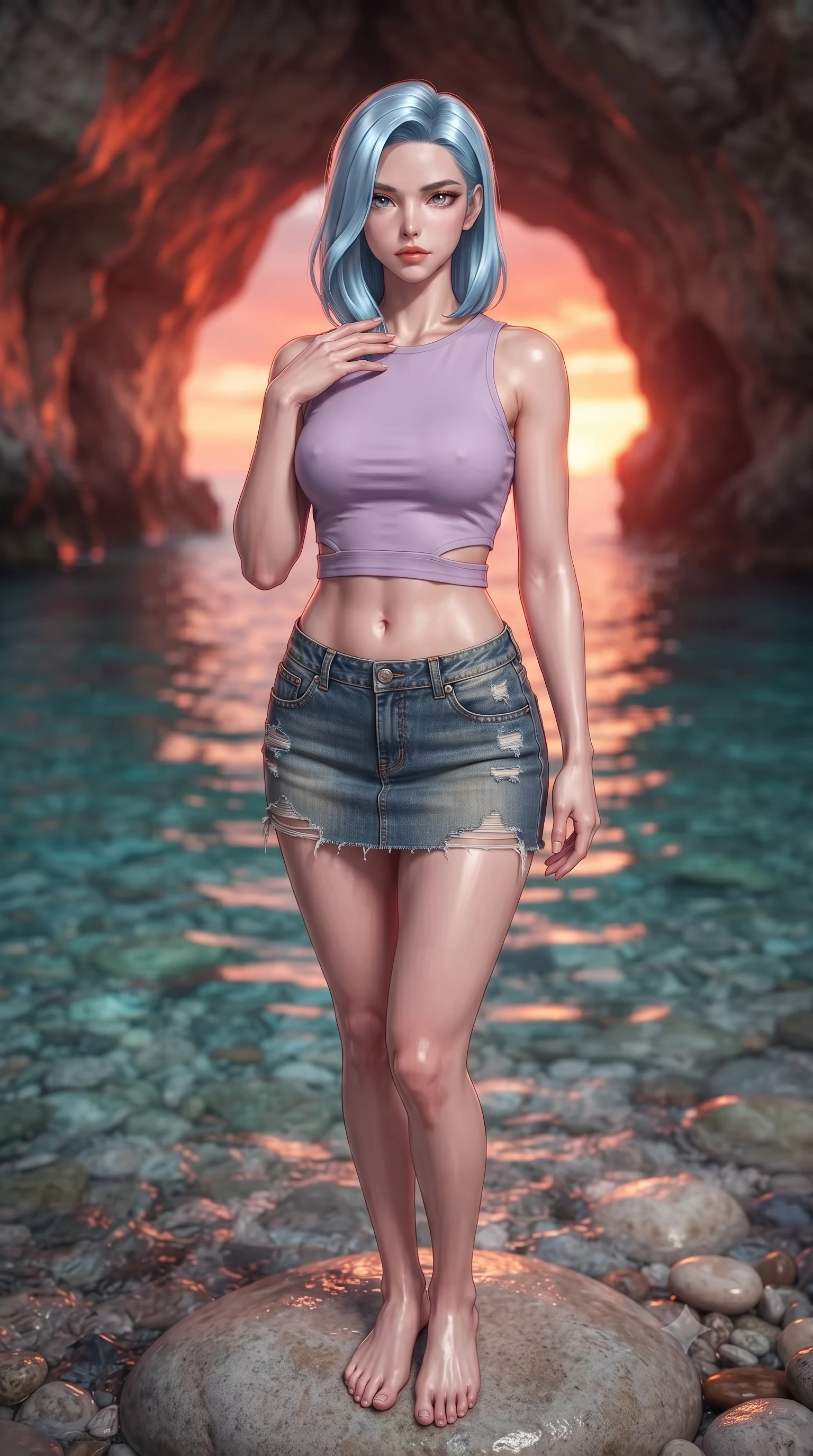 score_9, masterpiece, best quality, ultra-detailed, high-budget anime keyframe, editorial fashion photography, tasteful artistic composition, Korean woman woman. close-up cowboy shot from the waist and thighs up, the character dominates the composition, filling the frame with her large presence, background elements kept in soft focus. standing with one hand resting on her collarbone, looking at the viewer with bedroom-eyes the background shows a soft-focus the entrance of a majestic sea cavern filled with clear turquoise water and smooth pebbles. She has an exceptionally elegant, slender, and willowy female figure with an ultra-slim waist, a gracefully sculpted slender torso, and a refined silhouette. sharp v-shaped jawline, high-bridge nose, intricate jewel-like eyes with depth, thick eyelashes, glossy lips with a natural sheen. wearing a slim-fit modern crop top in lavender cotton paired with a low-rise denim skirt and a subtle waist cut-out. warm orange and red sunset glow reflecting off the cave ceiling. ultra-reflective glossy finish, specular highlights, metallic sheen, high-contrast stereoscopic depth, volumetric dynamic lighting, 2k, ultra detail, master piece, 9:16 ratio