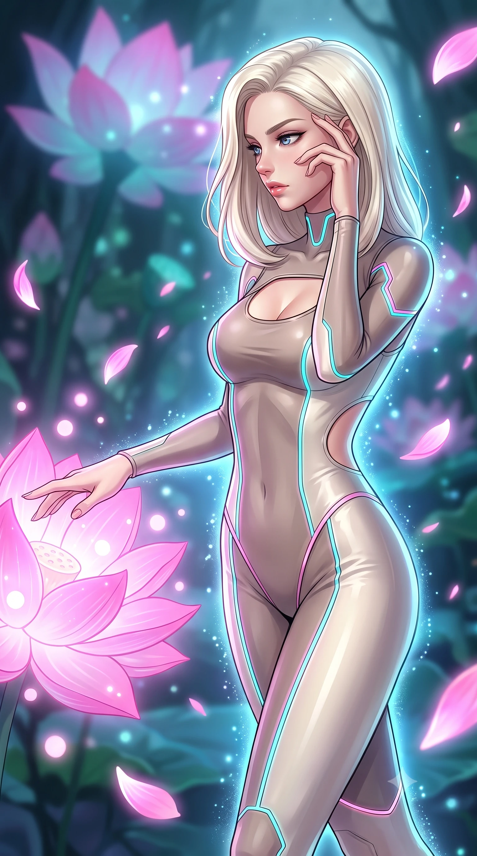 score_9, masterpiece, best quality, ultra-detailed, high-budget anime keyframe, editorial fashion photography, tasteful artistic composition, Caucasian woman. close-up cowboy shot from the waist and thighs up, the character dominates the composition, filling the frame with her large presence, background elements kept in soft focus. Resting her fingers gracefully near her temple, casting a sharp mysterious side-gaze during her stride while reaching out to touch a giant bioluminescent pink lotus flower emitting soft light orbs, glowing pink lotus petals scattering soft bioluminescent spores around her silhouette. She has an exceptionally elegant, slender, and willowy female figure with an ultra-slim waist, a gracefully sculpted slender torso, and a refined silhouette. sharp v-shaped jawline, high-bridge nose, intricate jewel-like eyes with depth, thick eyelashes, glossy lips with a natural sheen, flawlessly proportioned anatomical accuracy, natural body alignment, perfectly sculpted elegant limbs, clean dynamic posture without body distortion. wearing a skin-tight cybernetic bodysuit with glowing neon seams and side cutouts in muted taupe and soft ivory, crafted from smooth liquid silk, accented with a Tasteful chest slit framing her clavicle gracefully, the form-contouring material highlighting her ultra-slim waist and long lines. surrounded by a shimmering ocean aura with bright specular rim lights. highly saturated vibrant anime colors, detailed shading with soft gradients, rich glossy textures, high-contrast stereoscopic depth, volumetric dynamic lighting, master piece, 9:16 ratio