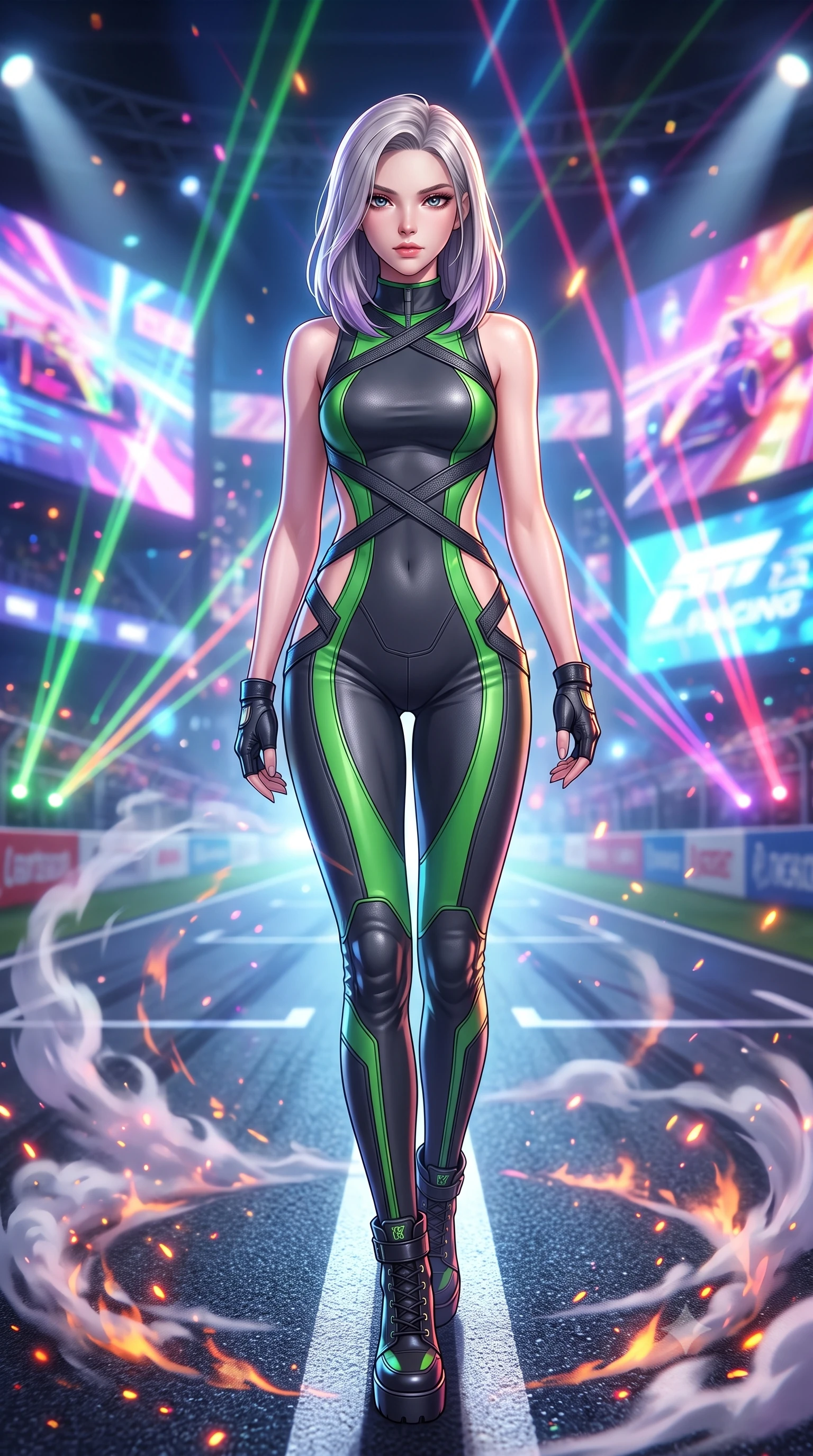 score_9, masterpiece, best quality, ultra-detailed, high-budget anime keyframe, semi-realistic 3D game render, editorial fashion photography, tasteful artistic composition, Caucasian woman. low angle full-body shot from head to toe showing her feet, filling the entire 9:16 vertical frame with her statuesque presence, stretching her vertical silhouette. striding forward in a proud, dynamic supermodel runway stride, hips swaying in an alluring kinetic rhythm that stretches her silhouette while posing boldly at the center of the illuminated starting grid as giant holographic jumbotrons flash behind her. The composition keeps background elements in soft focus with creamy bokeh. swirling smoke rings and burning rubber particulate catching laser beam motes across the circuit. She has an absolutely perfect, statuesque 8.5-heads proportion, an exceptionally tall and slender model-like female figure with impossibly long slender legs, a toned flat midriff, and an ultra-slim waist. sharp v-shaped jawline, high-bridge nose, intricate jewel-like eyes with depth, thick eyelashes, glossy parted lips with a natural sheen, intensely captivating and seductive expression, flawlessly proportioned anatomical accuracy, strict slender model proportions, natural body alignment, perfectly sculpted long slender limbs, ultra-slim waistline, clean dynamic posture without body distortion. wearing a daring open-back racing jumpsuit with crossed elastic suspension straps and form-hugging fit in dark carbon grey and laser green accents, crafted from flexible ballistic matte leather and aerodynamic stretch neoprene, accessorized with bold platform racing boots and fingerless leather gloves, the precision-cut daring openings accentuating her delicate midriff, graceful bare collarbones, and ultra-slim feminine waistline. surrounded by an adrenaline-fueled, audacious, and wildly charismatic drift idol aura. highly saturated vibrant anime colors, detailed shading with soft gradients, rich glossy textures, high-contrast stereoscopic depth, volumetric dynamic lighting, master piece, 9:16 ratio