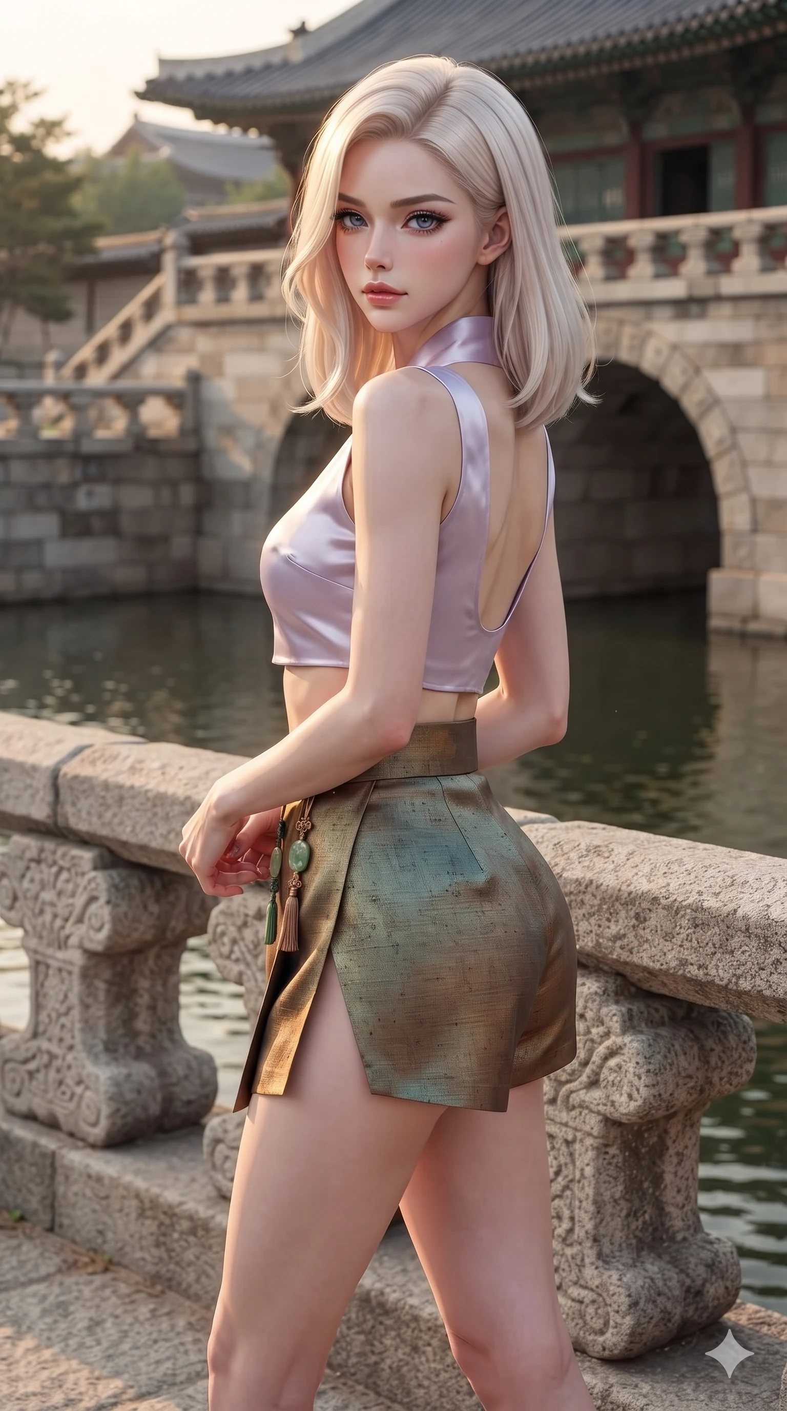 score_9, masterpiece, best quality, ultra-detailed, high-budget anime keyframe, editorial fashion photography, tasteful artistic composition, Caucasian woman. close-up cowboy shot from the waist and thighs up, the character dominates the composition, filling the frame with her large presence. twisting her slender torso in a deep contrapposto stance, hips dramatically shifted to accentuate her feminine curves while looking past her shoulder with smoldering bedroom-eyes while walking slowly along the palace moat balustrade with feline poise, her long slender legs and curvy hips commanding the frame. The surrounding environment is rendered in vivid detail and crisp panoramic clarity: sharp dressed stone pier masonry, carved granite arch relief work, and water surface ripple clarity in deep focus. She has an exceptionally elegant, slender, and willowy female figure with an ultra-slim waist, flat toned midriff, narrow ribcage, and sculpted feminine hips creating an alluring, slim hourglass silhouette without bulk. sharp v-shaped jawline, high-bridge nose, sparkling eyes with hypnotic seductive depth, thick curled eyelashes, glossy parted lips with a natural dewy peach sheen, alluring bedroom-eyes with an enchanting coquettish smile, exuding magnetic siren charisma and sophisticated glamour, flawlessly proportioned anatomical accuracy, strict slender model proportions, natural body alignment, perfectly sculpted long slender limbs, ultra-slim waistline, clean dynamic posture without body distortion. wearing a liquid-look silk satin jeogori crop top with low-back scoop paired with high-slit wrap mini shorts in vintage bronze patina and pale wisteria lilac, woven from bespoke Korean ramie fabric with crisp tactile slub texture, finished with authentic carved jade pendants and traditional norigae knots, the bespoke structured tailoring following the natural line of her 8.5-heads silhouette with refined elegance. illuminated by moat water reflection bounce and sharp gold-cyan rim lights sculpting her razor-sharp jawline, narrow waist, and curvy hips. ultra-reflective glossy finish, specular highlights, rich textural contrasts, high-contrast stereoscopic depth, volumetric dynamic lighting, 2k, ultra detail, master piece, 9:16 ratio