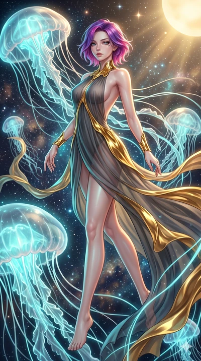 score_9, masterpiece, best quality, ultra-detailed, high-budget anime keyframe, Japanese woman. low angle full-body shot filling the entire 9:16 frame with her statuesque presence, stretching the vertical silhouette. swirling gracefully among the glo