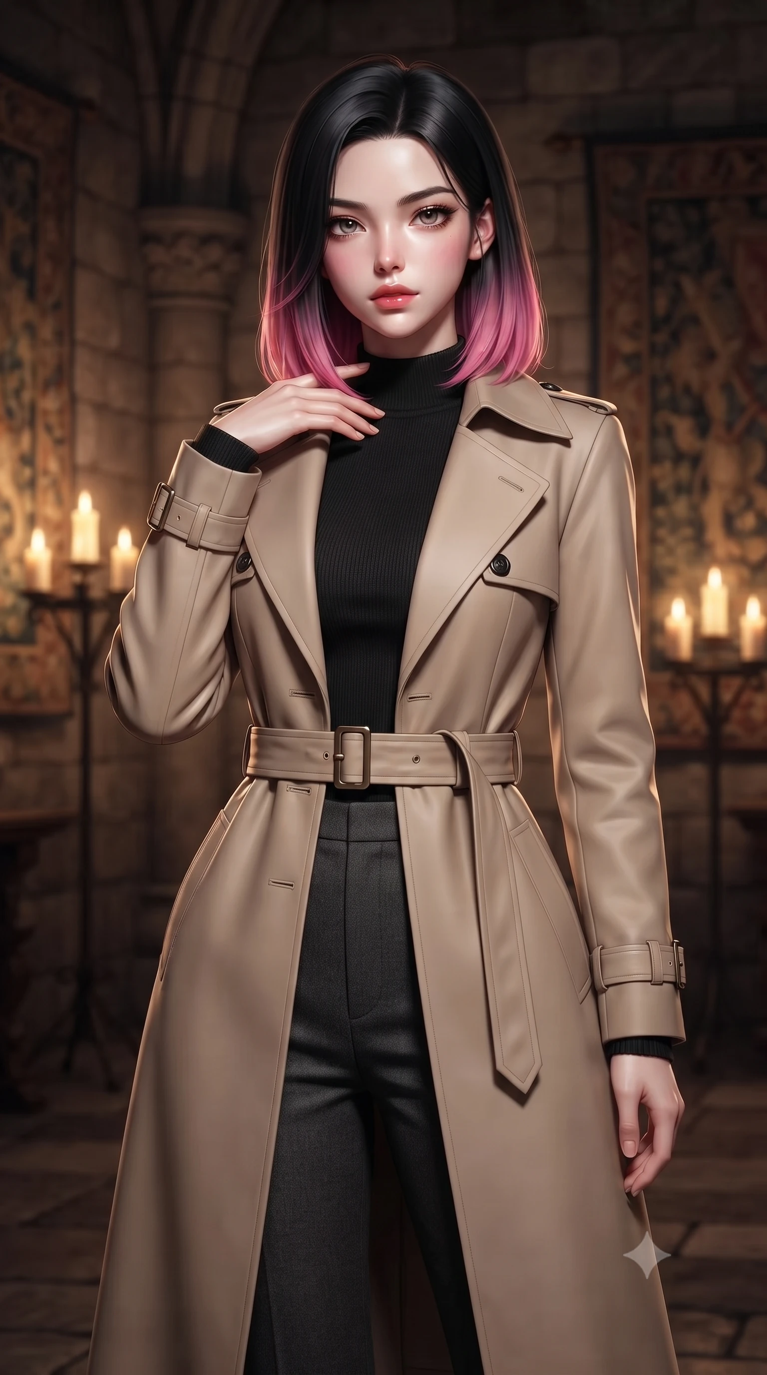 score_9, masterpiece, best quality, ultra-detailed, high-budget anime keyframe, editorial fashion photography, tasteful artistic composition, Korean woman woman. close-up cowboy shot from the waist and thighs up, the character dominates the composition, filling the frame with her large presence, background elements kept in soft focus. standing with one hand resting on her collarbone, looking at the viewer with bedroom-eyes the background shows a soft-focus an old stone castle chamber with tapestries and candle stands. She has an exceptionally elegant, slender, and willowy female figure with an ultra-slim waist, a gracefully sculpted slender torso, and a refined silhouette. sharp v-shaped jawline, high-bridge nose, intricate jewel-like eyes with depth, thick eyelashes, glossy lips with a natural sheen. wearing a slim-fit classic beige trench coat worn closed over a black mock-neck knit top and charcoal slacks. warm flickering candle lights casting dramatic shadows on the stone walls. ultra-reflective glossy finish, specular highlights, metallic sheen, high-contrast stereoscopic depth, volumetric dynamic lighting, 2k, ultra detail, master piece, 9:16 ratio