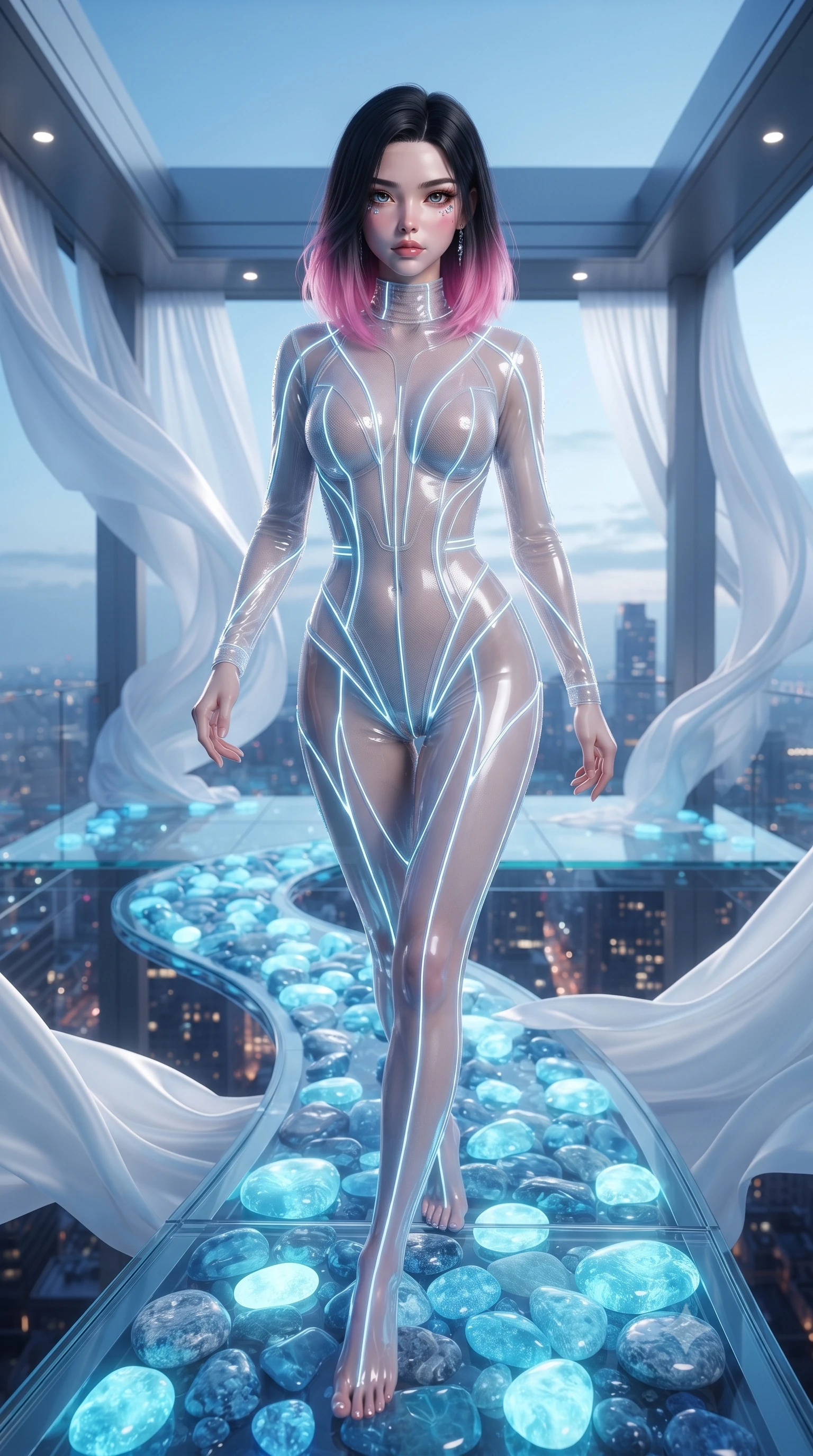 score_9, masterpiece, best quality, ultra-detailed, High-budget Anime Keyframe, editorial fashion photography, tasteful artistic composition, realistic cosplay photography, East Asian woman. Low angle cowboy shot filling the entire 9:16 frame with her statuesque presence. Scenario 348: stepping across glowing azure stones in a luxury sky-lounge with floating glass platforms and white silk drapes. Her presence is magnetic and overpowering in this high-budget cinematic scene. Outfit 348: a body-hugging sheer organza mesh with a sheer panels and glowing LED seams. The clothing is designed to emphasize her exceptionally tall and slender 8-heads proportion. 8-heads proportion, towering silhouette, ultra-slim waist. sharp v-shaped jawline, intricate jewel-like eyes with depth, thick eyelashes, glossy lips. ultra-reflective glossy finish, specular highlights, metallic sheen, high-contrast stereoscopic depth, volumetric dynamic lighting, 2k, ultra detail, master piece, 9:16 ratio