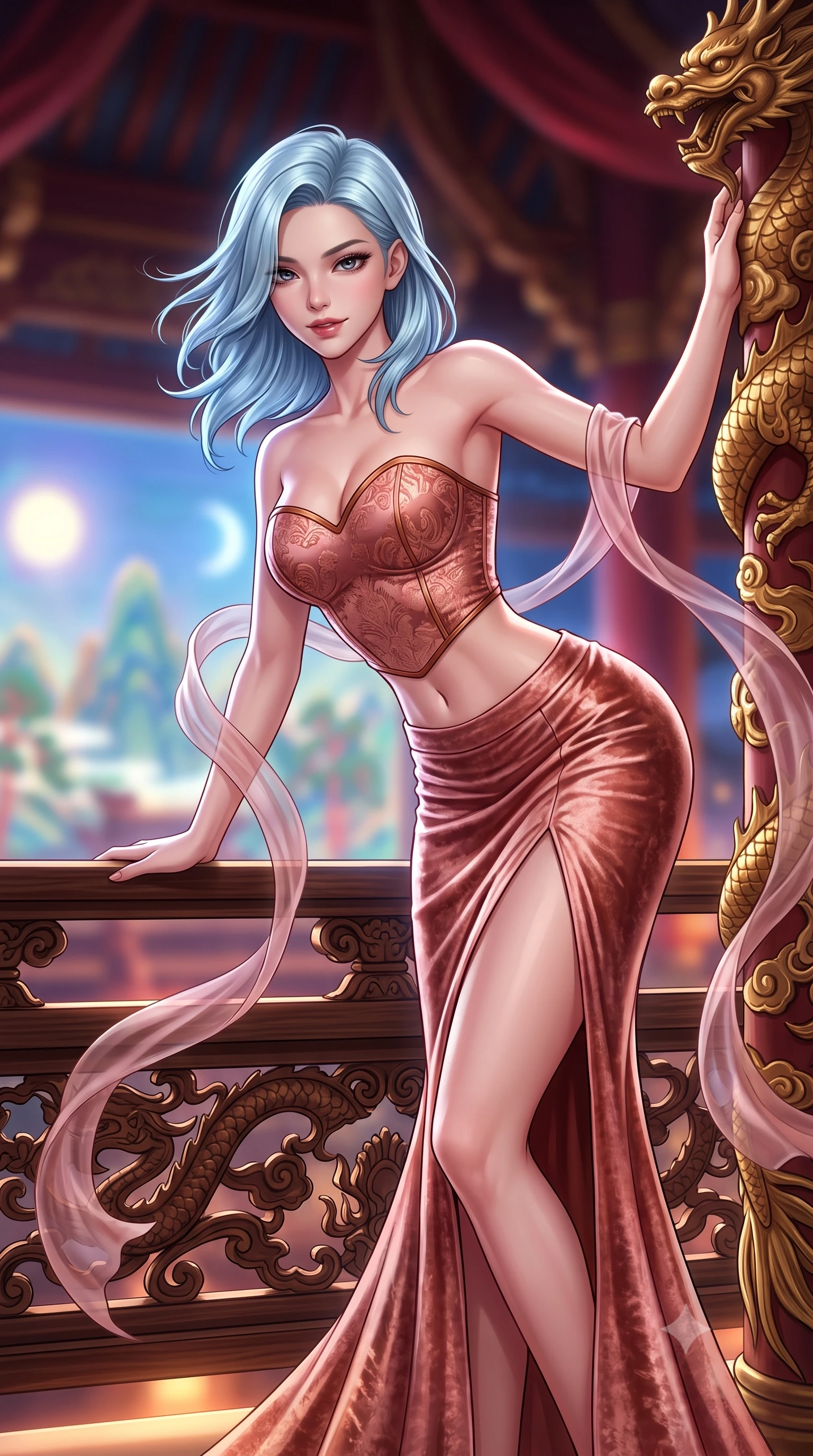 score_9, masterpiece, best quality, ultra-detailed, high-budget anime keyframe, semi-realistic 3D game render, editorial fashion photography, tasteful artistic composition, Korean woman. close-up cowboy shot from the waist and thighs up, the character dominates the composition, filling the frame with her large presence. leaning forward over the carved veranda balustrade while arching her lower back to accentuate her curvy hips, looking into the camera with an enchanting coquettish smile and bedroom-eyes while leaning against an ornate gilded dragon column with hips cocked back, looking into the camera with an intoxicating, commanding bedroom-gaze. The background shows a soft-focus the colossal holographic Sun, Moon, and Five Peaks screen and soaring royal ceiling rafters blurred into imperial crimson, sapphire, and gold bokeh. She has an exceptionally elegant, slender, and willowy female figure with an ultra-slim waist, flat toned midriff, narrow ribcage, and sculpted feminine hips creating an alluring, slim hourglass silhouette without bulk. sharp v-shaped jawline, high-bridge nose, intricate jewel-like dark sparkling almond eyes with depth, thick lashes, glossy parted lips with a natural rose-plum sheen, bright alluring and coquettish smile with bedroom-eyes, exuding both timeless oriental elegance and sovereign high-fashion allure, flawlessly proportioned anatomical accuracy, strict slender model proportions, natural body alignment, perfectly sculpted long slender limbs, ultra-slim waistline, clean dynamic posture without body distortion. wearing a sweetheart-neckline oriental jacquard bustier top paired with a curve-hugging high-slit mermaid maxi skirt in dusty rose pink and burnished copper, crafted from sumptuous crushed winter velvet with deep light-absorbing plushness, accented with flowing gossamer silk ribbons that flutter dynamically in the evening breeze, the form-fitting tailored bodice adhering flawlessly to her sculpted flat midriff and slender torso, emphasizing her long leg lines and perfectly proportioned willowy build. illuminated by under-floor warm uplighting and sharp platinum rim lights carving her razor-sharp jawline, narrow waist, and curvy hips. highly saturated vibrant anime colors, detailed shading with soft gradients, rich glossy textures, high-contrast stereoscopic depth, volumetric dynamic lighting, master piece, 9:16 ratio