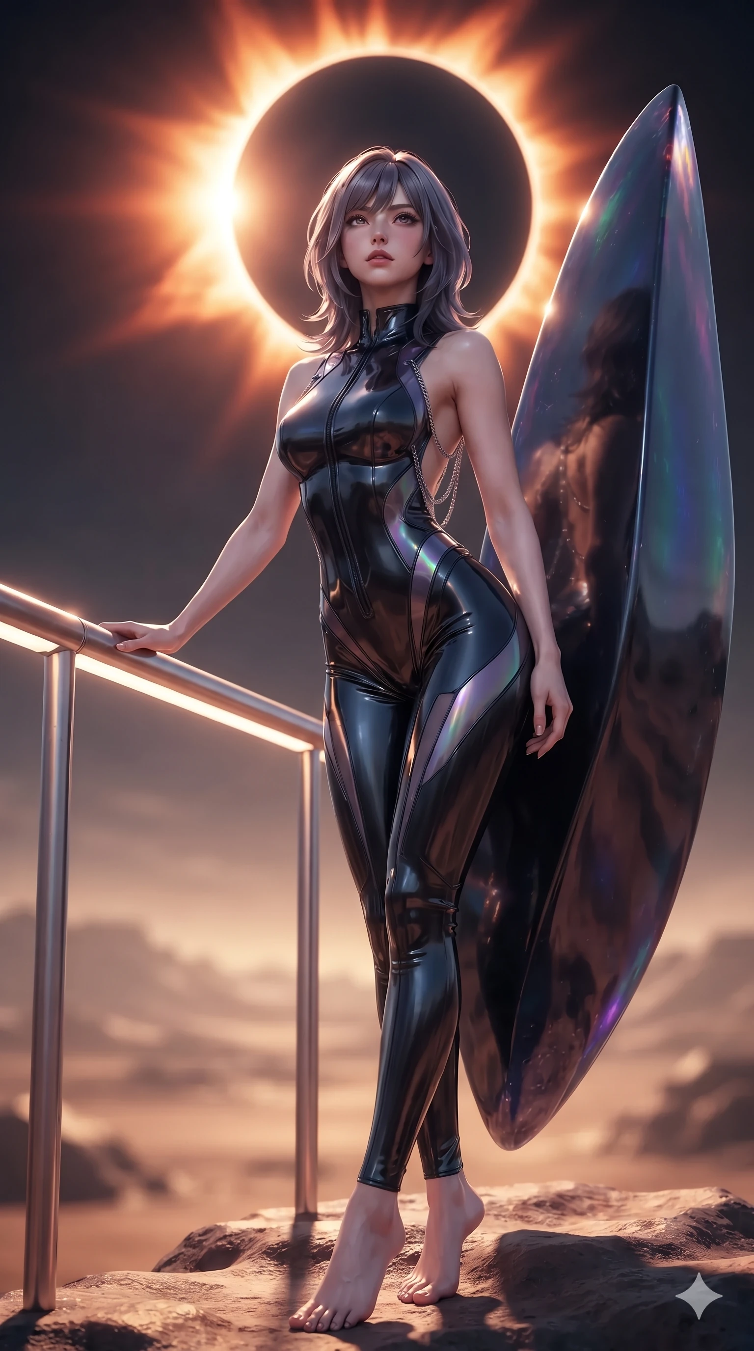 score_9, masterpiece, best quality, ultra-detailed, high-budget anime keyframe, editorial fashion photography, tasteful artistic composition, Japanese woman. low angle full-body shot from head to toe showing her feet, filling the entire 9:16 vertical frame with her statuesque presence, stretching her vertical silhouette. standing in a tall, confident posture with one hand on a glowing metal railing, stretching her statuesque body as she arches her lower back to emphasize her sculpted feminine hips and slender waist while leaning against a massive levitating shard with hips cocked back, gazing through the blinding coronal ring with intoxicating bedroom-eyes. The background shows a soft-focus atmospheric coronal ionization glow softened in eclipsed alien desert shallow focus. She has an absolutely perfect, statuesque 8.5-heads proportion, an exceptionally tall and slender model-like female figure with impossibly long slender legs, an ultra-slim waist, a flat toned midriff, narrow delicate ribcage, and beautifully sculpted feminine hips creating a graceful, slim hourglass silhouette without any bulky heaviness. sharp v-shaped jawline, high-bridge nose, intricate jewel-like sparkling eyes with depth, thick eyelashes, glossy parted lips with a natural sheen, bright confident smile with an enchanting and coquettish sensual glint, exuding both youthful magnetic charm and sovereign high-tech allure, flawlessly proportioned anatomical accuracy, strict slender model proportions, natural body alignment, perfectly sculpted long slender limbs, ultra-slim waistline, clean dynamic posture without body distortion. wearing a sleeveless high-collar cyber pilot suit in liquid-look obsidian jersey with strategic sheer ventilation panels in iridescent dark chrome and holographic violet, made of flexible bullet-resistant ballistic microfiber with high-tensile strength, accented with an open-back drape framed by falling strands of delicate chrome chains, the glove-like clinging cut tightly following the natural contour of her hips and long slender legs with youthful 8.5-heads elegance. bathed in the dramatic high-contrast diamond corona brilliance of the twin solar eclipse casting sharp dramatic shadows. ultra-reflective glossy finish, specular highlights, rich textural contrasts, high-contrast stereoscopic depth, volumetric dynamic lighting, 2k, ultra detail, master piece, 9:16 ratio