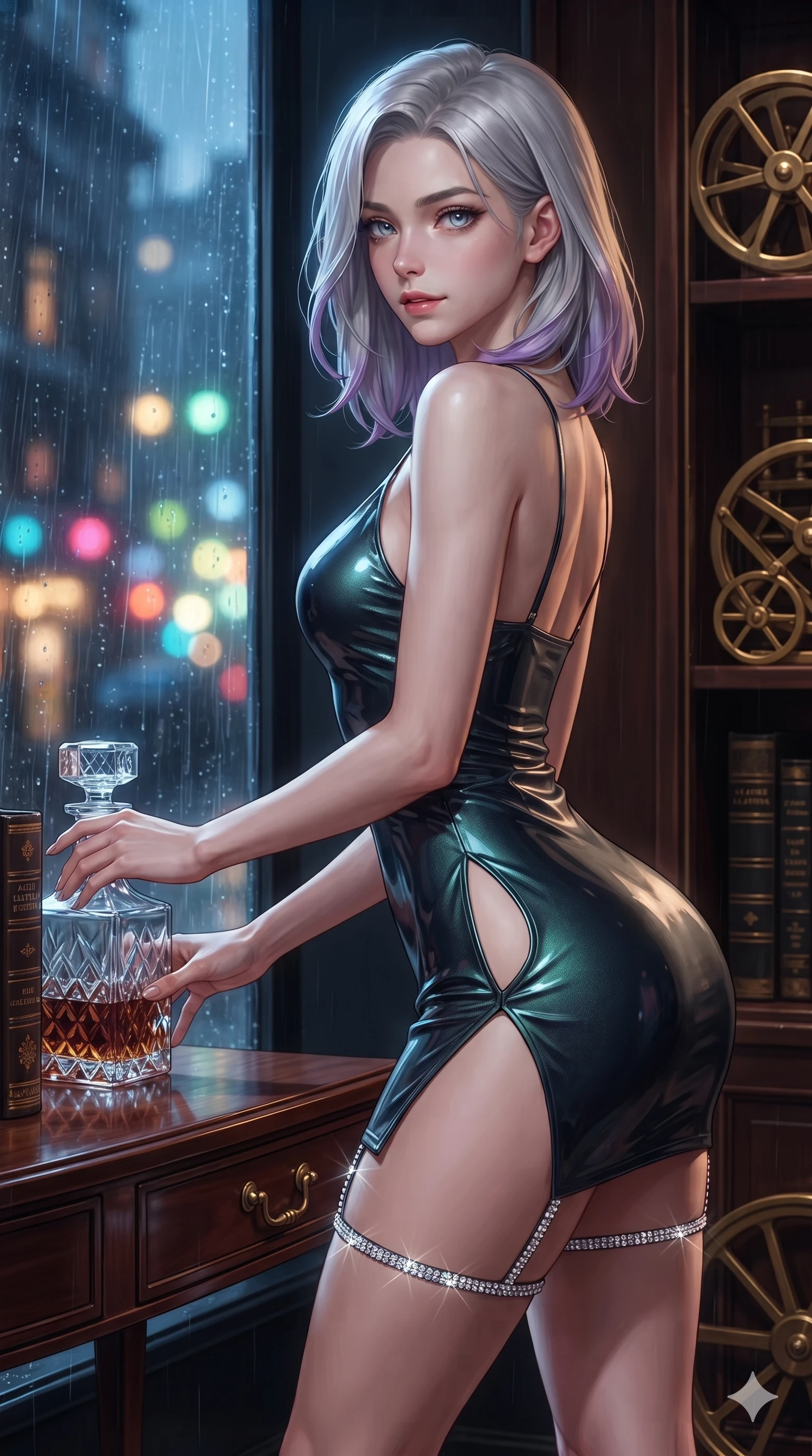 score_9, masterpiece, best quality, ultra-detailed, high-budget anime keyframe, editorial fashion photography, tasteful artistic composition, Caucasian woman. close-up cowboy shot from the waist and thighs up, the character dominates the composition, filling the frame with her large presence. pausing beside an illuminated luxury boutique window with hips cocked back, glancing back with an enchanting, dangerous smile through falling rain while twisting her slender torso in an alluring S-curve while reaching for a vintage crystal decanter, her dark tailored fit highlighting her hourglass curves. The surrounding environment is rendered in vivid detail and crisp panoramic clarity: sharp cut-crystal decanter facets, aged leather book spine gilding, and brass ladder wheel mechanisms in deep focus. She has an exceptionally elegant, slender, and willowy female figure with an ultra-slim waist, flat toned midriff, narrow ribcage, and sculpted feminine hips creating an alluring, slim hourglass silhouette without bulk. sharp v-shaped jawline, high-bridge nose, intricate jewel-like dark sparkling eyes with dangerous depth, thick curled eyelashes, glossy parted lips with a rich wine sheen, smoldering seductive half-smile with bedroom-eyes, exuding effortless superiority and intoxicating dark allure, flawlessly proportioned anatomical accuracy, strict slender model proportions, natural body alignment, perfectly sculpted long slender limbs, ultra-slim waistline, clean dynamic posture without body distortion. wearing a liquid-look wet vinyl micro-mini dress clinging like a second skin with hip-high side cutouts in iridescent petroleum beetle-sheen and deep graphite, crafted from wet-look high-gloss vinyl fabric with dazzling specular surface reflections, finished with delicate crystal-encrusted thigh garter straps glinting in the neon glare, the impeccably tailored cut draping gracefully along her slender figure with aristocratic noir poise. illuminated by polished mahogany table bounce and sharp amber-bronze rim lights defining her razor-sharp jawline, narrow waist, and curvy hips. ultra-reflective glossy finish, specular highlights, rich textural contrasts, high-contrast stereoscopic depth, volumetric dynamic lighting, 2k, ultra detail, master piece, 9:16 ratio