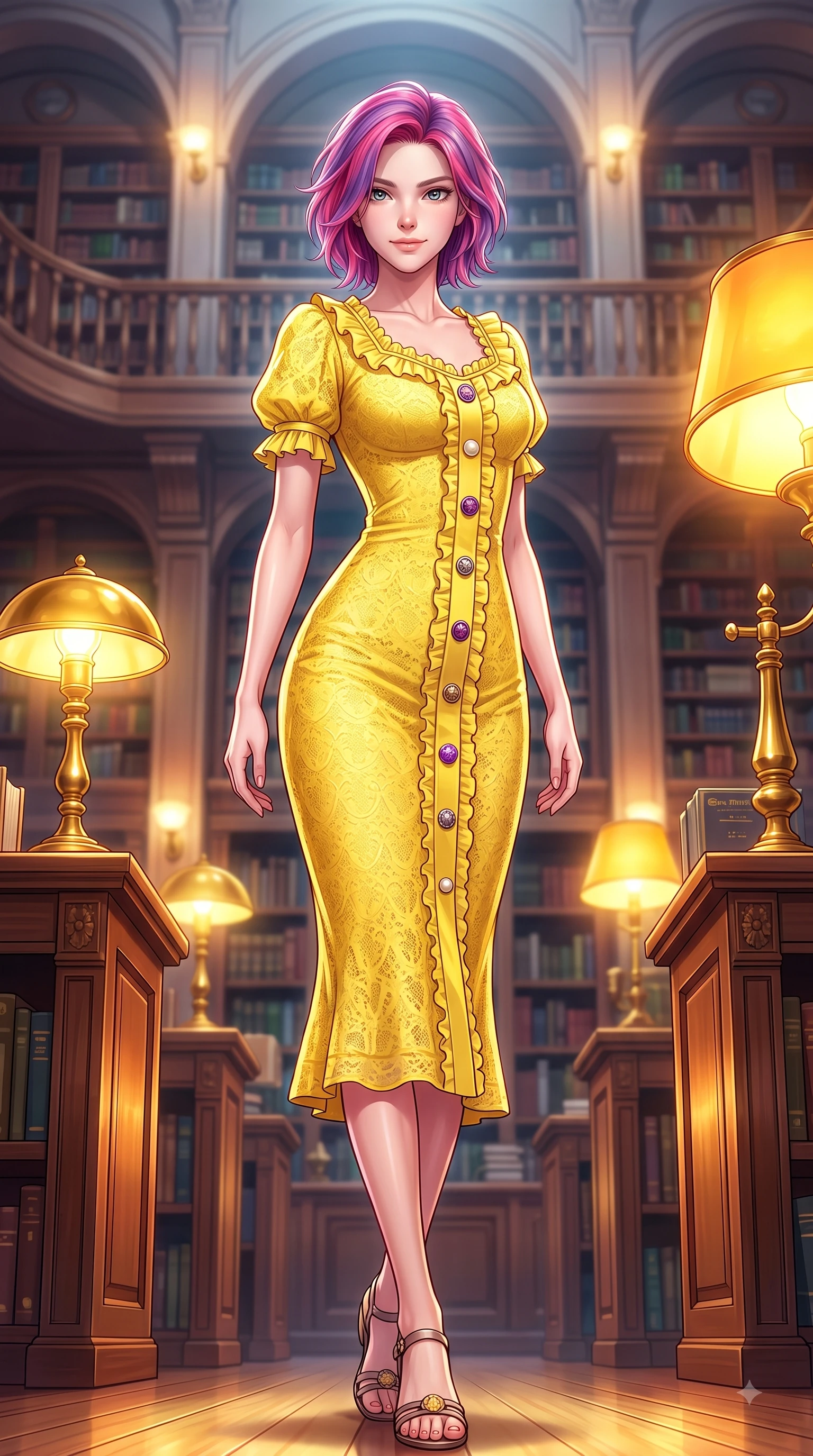 score_9, masterpiece, best quality, ultra-detailed, high-budget anime keyframe, editorial fashion photography, tasteful artistic composition, Caucasian woman. low angle full-body shot from head to toe showing her feet, filling the entire 9:16 vertical frame with her statuesque presence, stretching her vertical silhouette. Airy, translucent innocence with a soft subtle smile and a clear, pristine gaze into the lens while pivoting dynamically in a multi-story book hall flanked by golden brass lamps. The composition keeps background elements in soft focus with dreamy bokeh. tall arched library halls blurring smoothly into a sophisticated academic backdrop. She has an absolutely perfect, statuesque 8.5-heads proportion, an exceptionally tall and slender model-like female figure with impossibly long slender legs and an ultra-slim waist. sharp v-shaped jawline, high-bridge nose, intricate jewel-like eyes with depth, thick eyelashes, glossy lips with a natural sheen, flawlessly proportioned anatomical accuracy, natural body alignment, perfectly sculpted elegant limbs, clean dynamic posture without body distortion. wearing a bright canary yellow cotton sundress with short puff sleeves and wooden buttons in rich plum violet and metallic platinum, made of fine lace weave and soft satin jersey, accented with delicate pearl buttons and refined ruffle trims, the form-contouring material accentuating her ultra-slim waist and long lines. illuminated by warm glowing amber desk lamps and rich wood refractions. highly saturated vibrant anime colors, detailed shading with soft gradients, rich glossy textures, high-contrast stereoscopic depth, volumetric dynamic lighting, master piece, 9:16 ratio