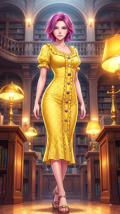 score_9, masterpiece, best quality, ultra-detailed, high-budget anime keyframe, editorial fashion photography, tasteful artistic composition, Caucasian woman. low angle full-body shot from head to toe showing her feet, filling the entire 9:16 vertica