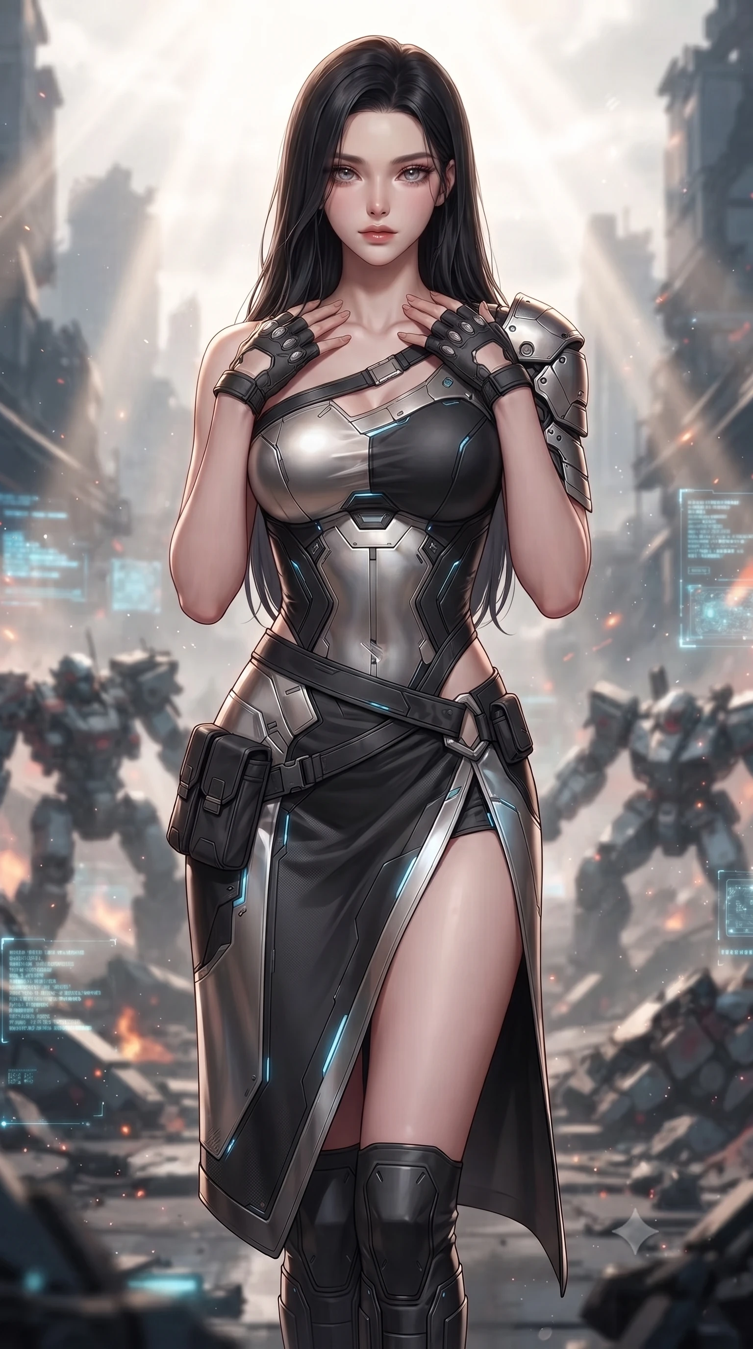 score_9, masterpiece, best quality, ultra-detailed, high-budget anime keyframe, editorial fashion photography, tasteful artistic composition, Korean woman. close-up cowboy shot from the waist and thighs up, the character dominates the composition, filling the frame with her large presence, background elements kept in soft focus. standing in a relaxed, elegant posture with both hands resting lightly on her collarbone, looking at the viewer with bedroom-eyes, the background shows a soft-focus a simulation deck showing a virtual battlefield in a ruined futuristic city. She has an exceptionally elegant, slender, and willowy female figure with an ultra-slim waist, a gracefully sculpted slender torso, and a refined silhouette. sharp v-shaped jawline, high-bridge nose, intricate jewel-like eyes with depth, thick eyelashes, glossy lips with a natural sheen. wearing a body-hugging asymmetric one-shoulder nanotech bodice paired with a daring high-slit tactical utility wrap skirt. dramatic volumetric sunbeams slicing through digital dust, creating light rays. ultra-reflective glossy finish, specular highlights, metallic sheen, high-contrast stereoscopic depth, volumetric dynamic lighting, 2k, ultra detail, master piece, 9:16 ratio