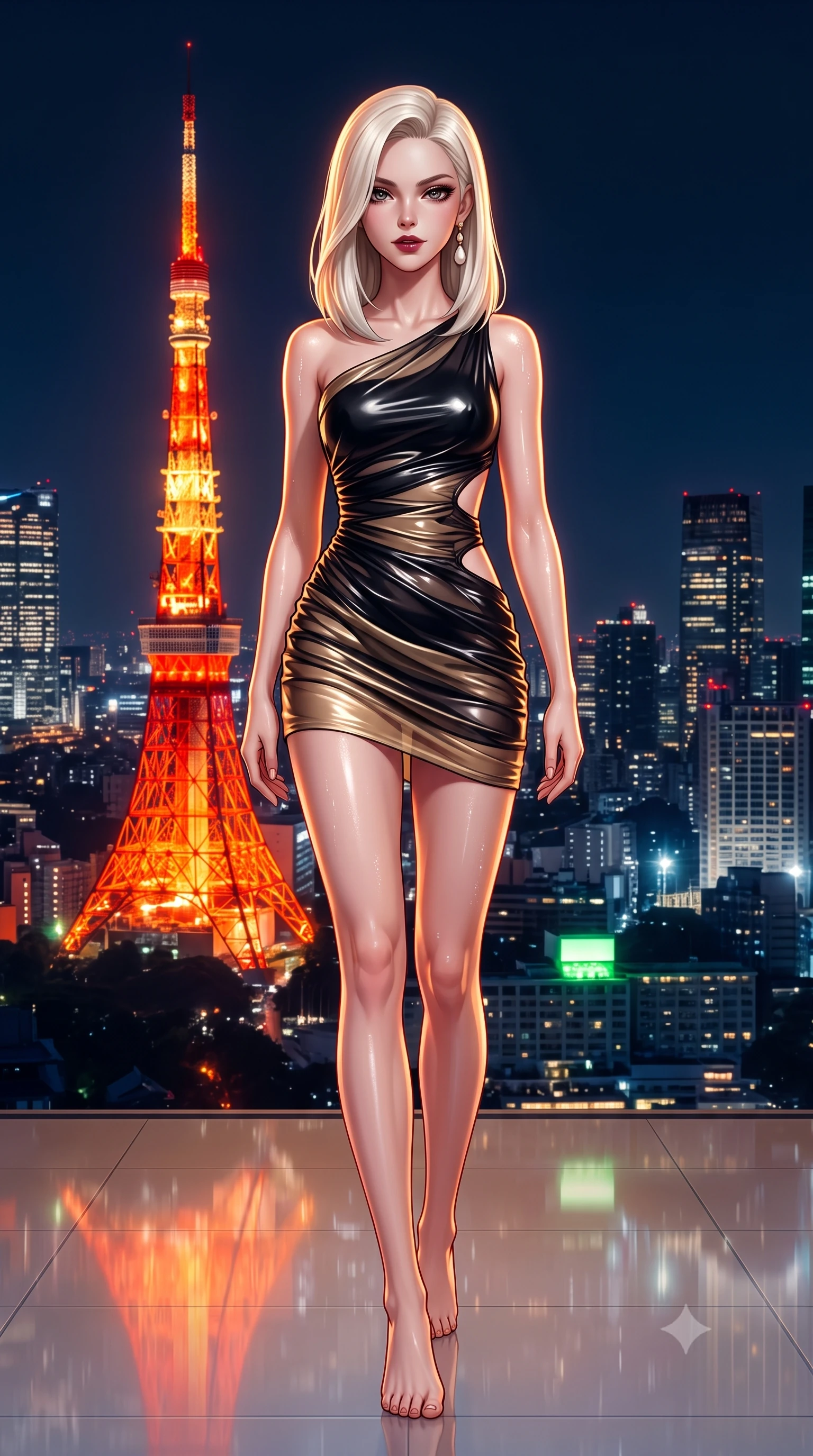 score_9, masterpiece, best quality, ultra-detailed, high-budget anime keyframe, semi-realistic 3D game render, editorial fashion photography, tasteful artistic composition, Caucasian woman. low angle full-body shot from head to toe showing her feet, filling the entire 9:16 vertical frame with her statuesque presence, stretching her vertical silhouette. striding forward gracefully across the reflective floor with sovereign supermodel poise, hips swaying in an alluring kinetic rhythm that accentuates her curvy hourglass silhouette and long slender legs while reclining gracefully on an oversized white leather daybed under the open midnight sky, her long slender legs and hourglass curves commanding the frame. The surrounding environment is rendered in vivid detail and crisp panoramic clarity. detailed evening wear sheen, glistening moisture on skin, and Tokyo skyline architectural precision in high resolution. She has an exceptionally tall and slender model-like 8.5-heads proportion, an ultra-slim waist, a flat toned midriff, narrow delicate ribcage, and beautifully sculpted feminine hips creating a graceful, slim hourglass silhouette without any bulky heaviness, with impossibly long slender legs. sharp v-shaped jawline, high-bridge nose, intricate jewel-like dark sparkling eyes with dangerous depth, thick curled eyelashes, glossy parted lips with a rich wine sheen, smoldering seductive half-smile with bedroom-eyes, exuding effortless superiority and intoxicating dark allure, flawlessly proportioned anatomical accuracy, strict slender model proportions, natural body alignment, perfectly sculpted long slender limbs, ultra-slim waistline, clean dynamic posture without body distortion. wearing a liquid-look vinyl mini dress with an asymmetric neckline and hip-defining side ruching in midnight jet-black and liquid champagne gold, crafted from layered gossamer black organza with weightless, smoky flutter, accented with a single dangling baroque pearl earring reflecting the amber glow, the precision-cut side openings and low-back scoop framing her graceful spine and the sensual sweep of her slim, toned hips. bathed in the warm radiant scarlet and orange glow of Tokyo Tower contrasted with deep midnight navy skies. highly saturated vibrant anime colors, detailed shading with soft gradients, rich glossy textures, high-contrast stereoscopic depth, volumetric dynamic lighting, master piece, 9:16 ratio