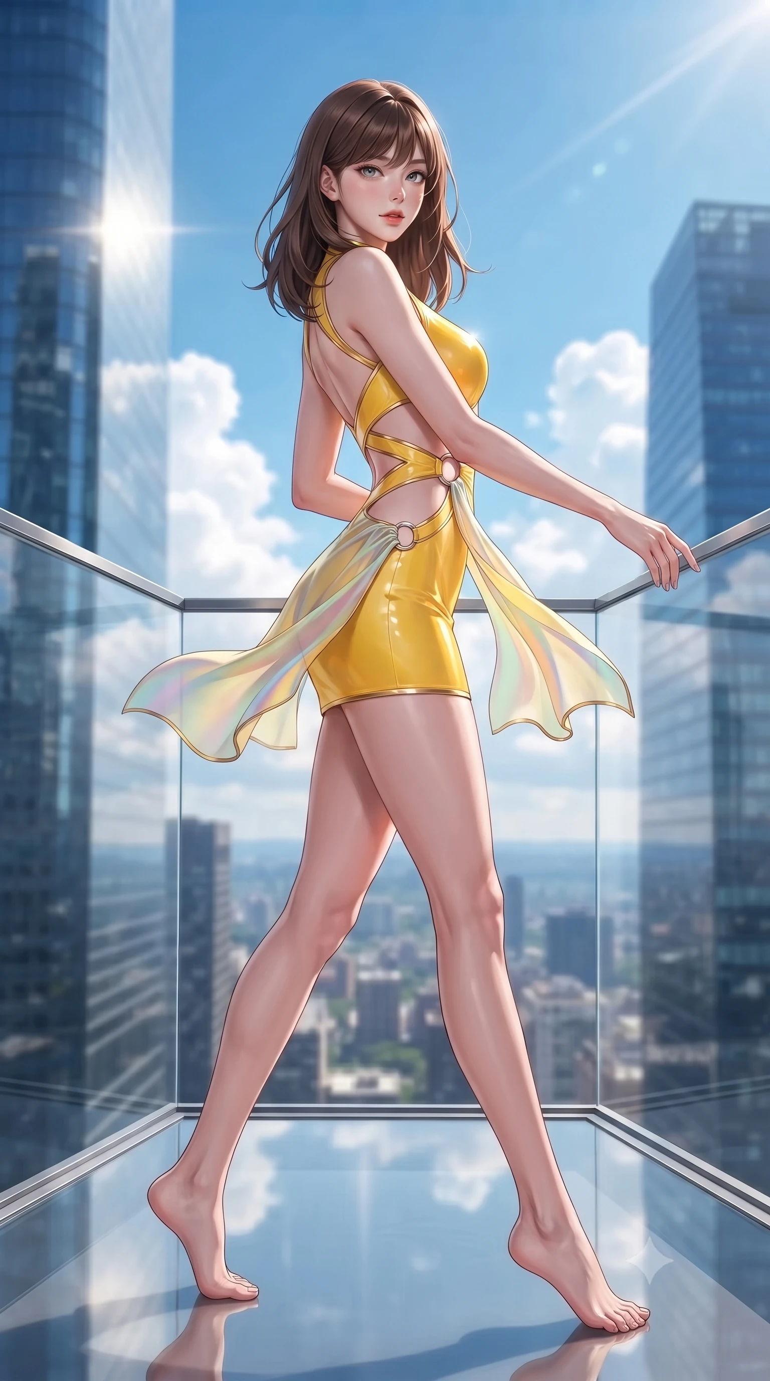 score_9, masterpiece, best quality, ultra-detailed, high-budget anime keyframe, editorial fashion photography, tasteful artistic composition, Korean woman. low angle full-body shot from head to toe showing her feet, filling the entire 9:16 vertical frame with her statuesque presence, stretching her vertical silhouette. pivoting dynamically in mid-motion with a breathtakingly alluring posture, displaying her flawless model proportions and ultra-slim waist while pivoting dynamically on a cantilevered glass observation deck as sunlight reflects brilliantly off distant clouds. The composition keeps background elements in soft focus with creamy bokeh. towering glass skyscraper spires and white fluffy cumulus clouds blurred into vivid sky-blue bokeh. She has an absolutely perfect, statuesque 8.5-heads proportion, an exceptionally tall and slender model-like female figure with impossibly long slender legs, a toned flat midriff, and an ultra-slim waist. sharp v-shaped jawline, high-bridge nose, intricate jewel-like eyes with depth, thick eyelashes, glossy lips with a natural sheen, flawlessly proportioned anatomical accuracy, strict slender model proportions, natural body alignment, perfectly sculpted long slender limbs, ultra-slim waistline, clean dynamic posture without body distortion. wearing a second-skin fashion-latex mini dress with a clean architectural front, featuring an open-back design that wraps around the sides of her waist, showcasing her slender silhouette in vibrant sunburst canary yellow and gold trim, made of smooth iridescent silk chiffon that shifts colors with movement, detailed with polished silver rings connecting the daring side-waist cutouts, the precision-cut daring openings accentuating her delicate midriff, graceful bare collarbones, and ultra-slim feminine waistline. surrounded by an exhilarating, elevated, and radiantly sensual rooftop garden aura. ultra-reflective glossy finish, specular highlights, metallic sheen, high-contrast stereoscopic depth, volumetric dynamic lighting, 2k, ultra detail, master piece, 9:16 ratio