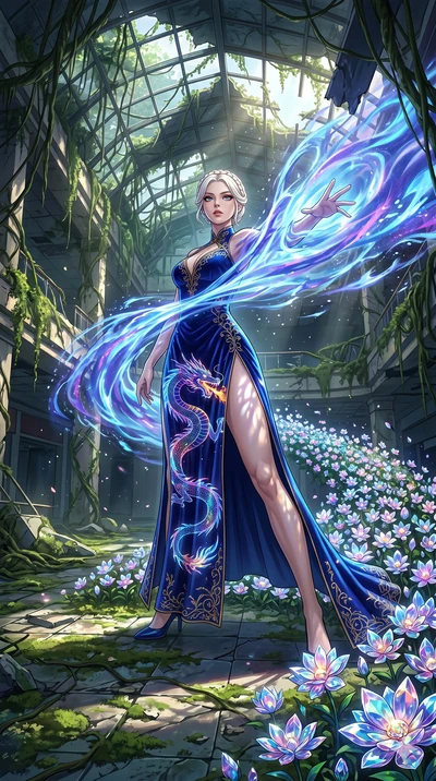 score_9, masterpiece, best quality, ultra-detailed, Set A: High-budget Anime Keyframe, Korean woman. Low angle cowboy shot filling the entire 9:16 frame with her statuesque presence. Theme: Ethereal Dream. unleashing a massive energy wave in a ruined