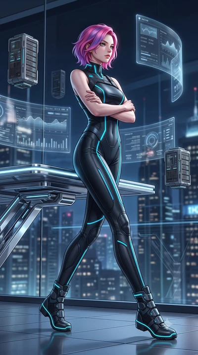 score_9, masterpiece, best quality, ultra-detailed, high-budget anime keyframe, semi-realistic 3D game render, editorial fashion photography, tasteful artistic composition, Caucasian woman. low angle full-body shot from head to toe showing her feet, 