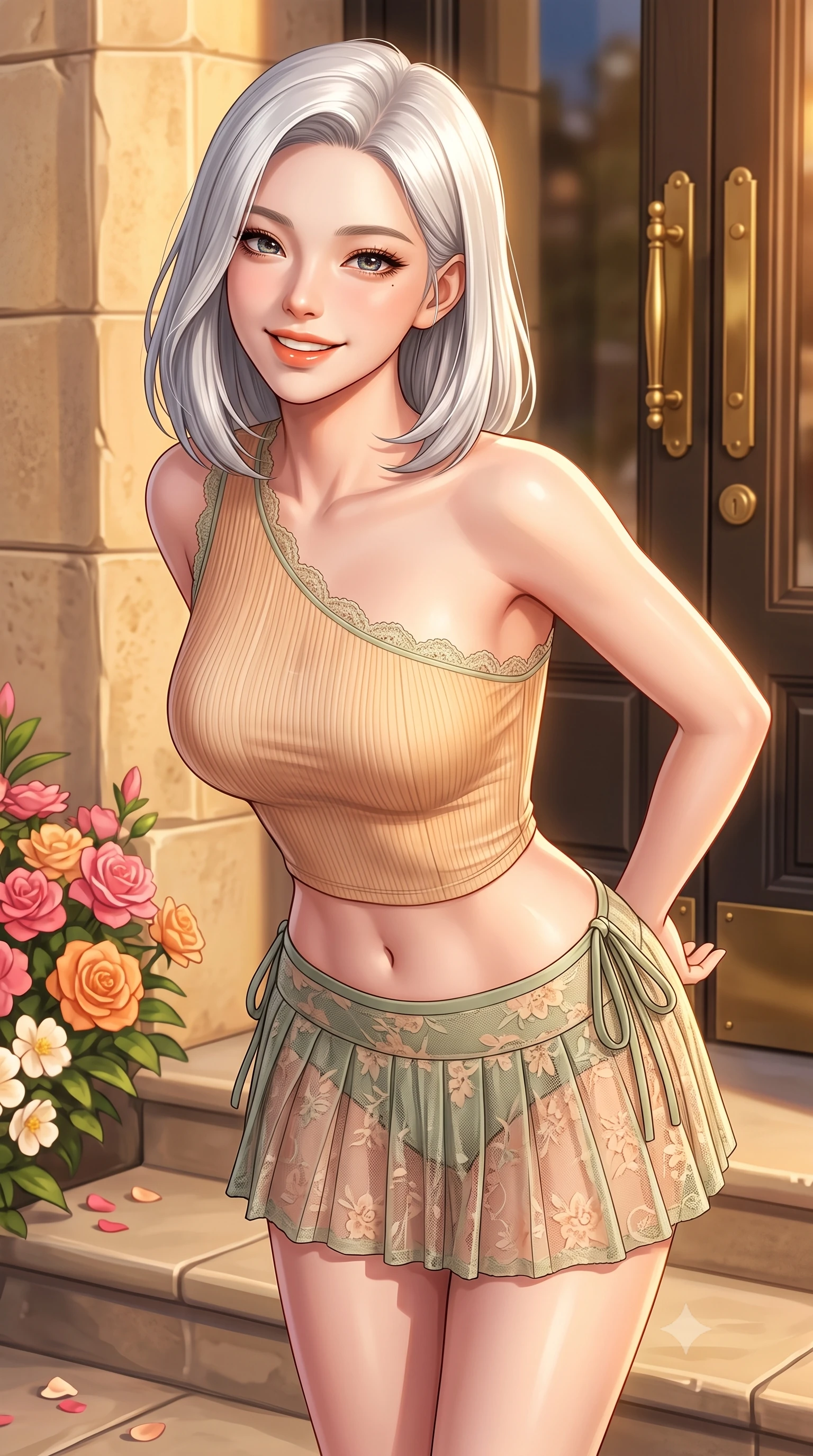 score_9, masterpiece, best quality, ultra-detailed, high-budget anime keyframe, semi-realistic 3D game render, editorial fashion photography, tasteful artistic composition, Korean woman. close-up cowboy shot from the waist and thighs up, the character dominates the composition, filling the frame with her large presence. resting both hands lightly behind her back while leaning toward the lens with a cheerful, teasing grin, her form-fitting outfit hugging her narrow waist and feminine hip curve while leaning against the minimalist boutique railing with hips cocked back, looking over a bare shoulder with a playful, seductive glint in her eyes. The surrounding environment is rendered in vivid detail and crisp panoramic clarity. sharp flower petal textures, smooth stone step edges, and brass boutique door hardware in deep focus. She has an exceptionally elegant, slender, and willowy female figure with an ultra-slim waist, flat toned midriff, narrow ribcage, and sculpted feminine hips creating an alluring, slim hourglass silhouette without bulk. sharp v-shaped jawline, high-bridge nose, intricate jewel-like sparkling eyes with depth, thick eyelashes, glossy parted lips with a natural peach sheen, bright cheerful beaming smile with an enchanting and coquettish sensual glint, exuding both youthful cute charm and seductive allure, flawlessly proportioned anatomical accuracy, strict slender model proportions, natural body alignment, perfectly sculpted long slender limbs, ultra-slim waistline, clean dynamic posture without body distortion. wearing an asymmetrical one-shoulder ribbed top paired with a micro-pleated skirt with side hip ties in soft apricot and sage green, made of sheer contouring stretch lace with delicate floral patterns, finished with delicate lace scallop edging along the neckline, the form-contouring cut accentuating her sculpted flat midriff, narrow delicate ribcage, and gracefully curvy hips with supermodel precision. bathed in glorious golden hour afternoon sunlight reflecting off warm stone facades. highly saturated vibrant anime colors, detailed shading with soft gradients, rich glossy textures, high-contrast stereoscopic depth, volumetric dynamic lighting, master piece, 9:16 ratio