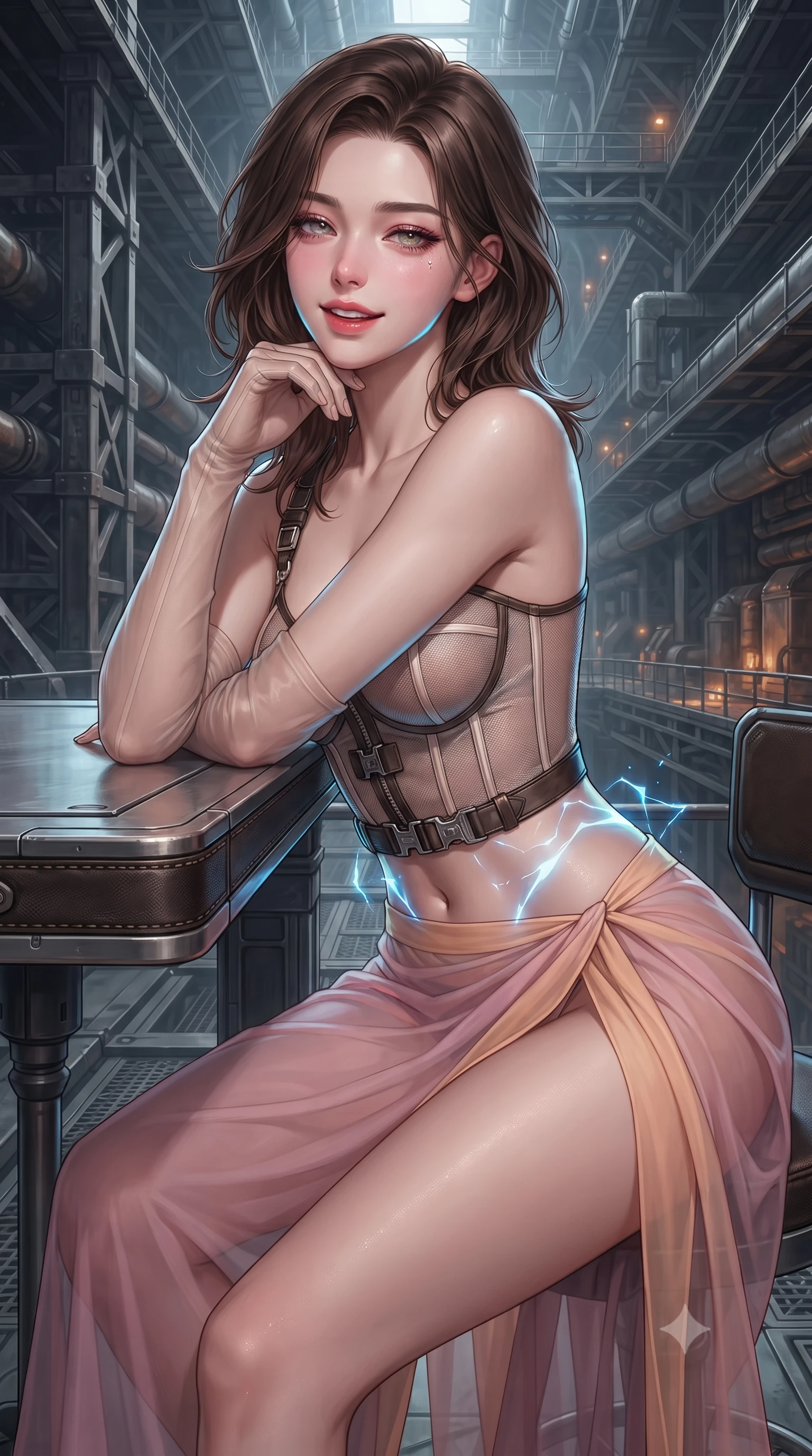 score_9, masterpiece, best quality, ultra-detailed, high-budget anime keyframe, editorial fashion photography, tasteful artistic composition, Korean woman. close-up cowboy shot from the waist and thighs up, the character dominates the composition, filling the frame with her large presence. resting one elbow on the table and supporting her chin, leaning close to the camera with heavy-lidded sparkling eyes and parted lips while twisting her slender torso in an alluring S-curve, high-voltage electric blue arcs reflecting dynamically across her flat midriff and hips. The surrounding environment is rendered in vivid detail and crisp panoramic clarity: detailed garment construction, tactical leather sheen, and monumental subterranean infrastructure in high resolution. She has an exceptionally elegant, slender, and willowy female figure with an ultra-slim waist, flat toned midriff, narrow ribcage, and sculpted feminine hips creating an alluring, slim hourglass silhouette without bulk. sharp v-shaped jawline, high-bridge nose, intricate jewel-like sparkling eyes with depth, thick eyelashes, glossy parted lips with a natural peach sheen, bright cheerful beaming smile with an enchanting and coquettish sensual glint, exuding both youthful cute charm and seductive allure, flawlessly proportioned anatomical accuracy, strict slender model proportions, natural body alignment, perfectly sculpted long slender limbs, ultra-slim waistline, clean dynamic posture without body distortion. wearing a provocative translucent mesh corset bodice with boned satin channels paired with a sheer chiffon wrap maxi skirt in Solaris liquid rose-quartz and alien peach, crafted from bespoke double-faced cashmere with an exceptionally soft tactile finish, complemented by sheer opera-length evening gloves tracing her slender arms, the high-slit wrap tailoring accentuating her ultra-slim waistline and the enchanting curve of her feminine hips with alluring seductive charm. illuminated by steel catwalk reflection bounce and sharp electric-cyan rim lights sculpting her jawline, narrow waist, and curvy hips. ultra-reflective glossy finish, specular highlights, rich textural contrasts, high-contrast stereoscopic depth, volumetric dynamic lighting, 2k, ultra detail, master piece, 9:16 ratio