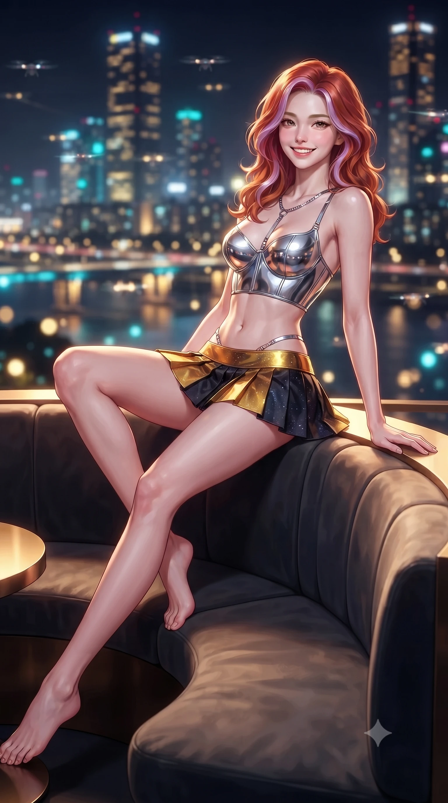 score_9, masterpiece, best quality, ultra-detailed, high-budget anime keyframe, editorial fashion photography, tasteful artistic composition, Caucasian woman. close-up cowboy shot from the waist and thighs up, the character dominates the composition, filling the frame with her large presence. perched sideways on the lounge seat, one knee drawn up to showcase her slender leg line while her arched back accentuates her feminine hip curve while lounging gracefully across the sculptural circular velvet booth propped on one elbow with legs extended, displaying her long slender limbs and statuesque hourglass silhouette. The background shows a soft-focus infinite sea of neon skyscraper crowns, swarms of delivery drone light trails, and distant Han River bridges blurred into gold, cyan, and rose bokeh. She has an exceptionally elegant, slender, and willowy female figure with an ultra-slim waist, flat toned midriff, narrow ribcage, and sculpted feminine hips creating an alluring, slim hourglass silhouette without bulk. sharp v-shaped jawline, high-bridge nose, intricate jewel-like sparkling eyes with depth, thick eyelashes, glossy parted lips with a natural peach sheen, bright cheerful beaming smile with an enchanting and coquettish sensual glint, exuding both youthful cute charm and seductive allure, flawlessly proportioned anatomical accuracy, strict slender model proportions, natural body alignment, perfectly sculpted long slender limbs, ultra-slim waistline, clean dynamic posture without body distortion. wearing a chrome-plated structured underwire bustier top paired with an ultra-short low-rise pleated micro mini skirt in solar-flare gold and interstellar onyx, made of fluid liquid jersey with seamless sculpting hold and smooth contours, accented with a chrome-drop body harness subtly framing her dewy collarbones and spine, the second-skin tailored fabric adhering flawlessly to her sculpted flat midriff and slender torso, emphasizing her long leg lines and perfectly proportioned willowy build. illuminated by chrome bar reflection bounce and sharp champagne-gold rim lights defining her razor-sharp jawline, narrow waist, and curvy hips. ultra-reflective glossy finish, specular highlights, rich textural contrasts, high-contrast stereoscopic depth, volumetric dynamic lighting, 2k, ultra detail, master piece, 9:16 ratio