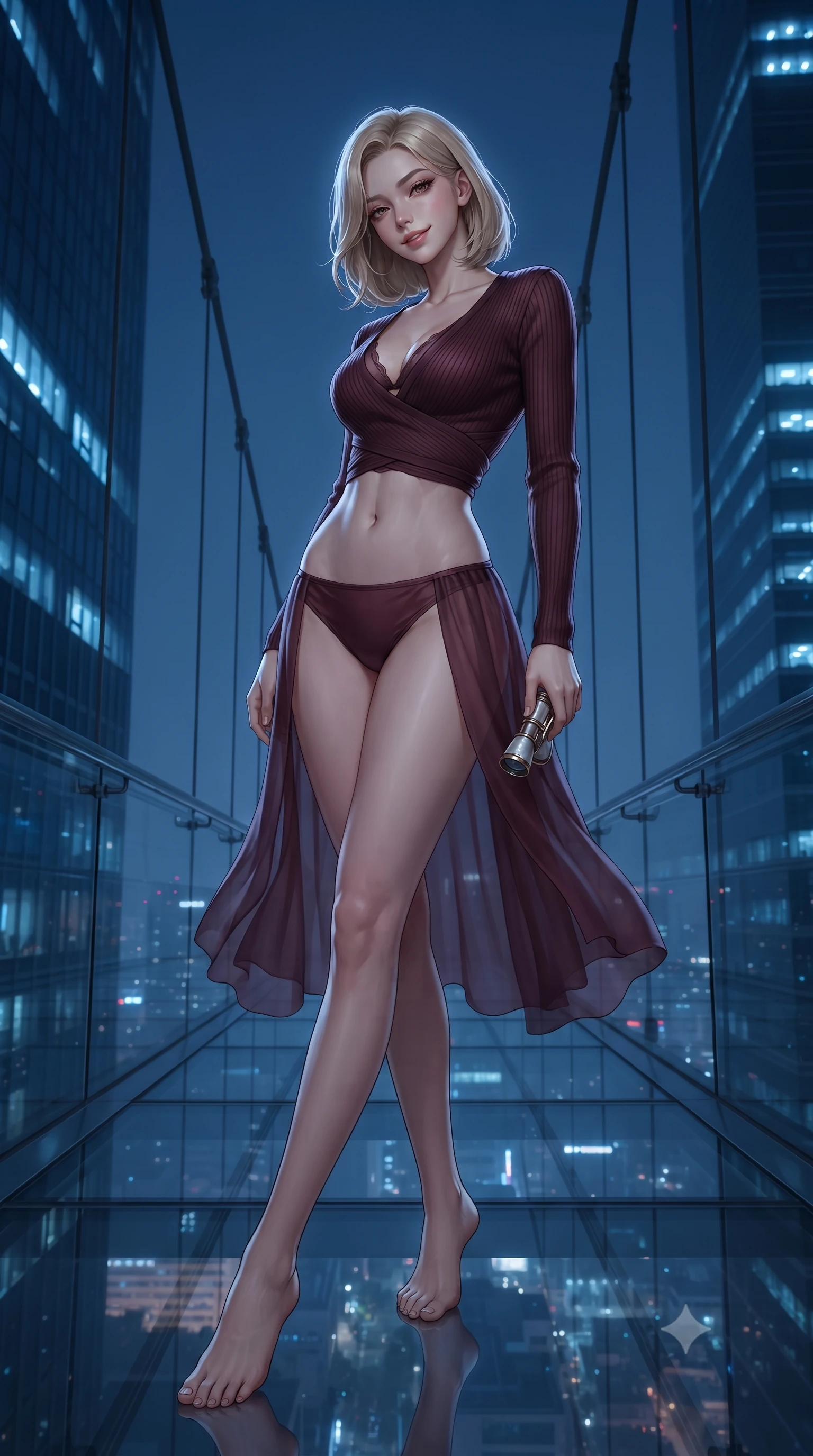 score_9, masterpiece, best quality, ultra-detailed, high-budget anime keyframe, editorial fashion photography, tasteful artistic composition, Korean woman. low angle full-body shot from head to toe showing her feet, filling the entire 9:16 vertical frame with her statuesque presence, stretching her vertical silhouette. reclining gracefully across the plush chaise lounge with one leg extended, her sculpted silhouette and flat midriff radiating magnetic nocturnal glamour while standing centered on the suspended glass skybridge connecting two mega-skyscrapers, arching her back with breathtaking statuesque presence. The background shows a soft-focus suspended cable truss supports softened in high-altitude architectural shallow focus. She has an absolutely perfect, statuesque 8.5-heads proportion, an exceptionally tall and slender model-like female figure with impossibly long slender legs, an ultra-slim waist, a flat toned midriff, narrow delicate ribcage, and beautifully sculpted feminine hips creating a graceful, slim hourglass silhouette without any bulky heaviness. sharp v-shaped jawline, high-bridge nose, sparkling eyes with hypnotic seductive depth, thick curled eyelashes, glossy parted lips with a natural dewy peach sheen, alluring bedroom-eyes with an enchanting coquettish smile, exuding magnetic siren charisma and sophisticated glamour, flawlessly proportioned anatomical accuracy, strict slender model proportions, natural body alignment, perfectly sculpted long slender limbs, ultra-slim waistline, clean dynamic posture without body distortion. wearing a form-contouring ribbed knit dancer wrap top worn over a plunging silk bralette and low-rise satin briefs in smoky bordeaux wine and gilded bronze, made of sheer gossamer chiffon that drapes softly against skin with airy translucence, accented with an antique mother-of-pearl opera glass held casually in one hand, the liquid-tight tailored fabric clinging flawlessly to her narrow waist and rounded feminine hips, emphasizing every millimeter of her sculpted slim hourglass curves without any bulky heaviness. illuminated by exterior lightning flash bounce and sharp platinum rim lights sculpting her delicate clavicles, narrow waist, and curvy hips. ultra-reflective glossy finish, specular highlights, rich textural contrasts, high-contrast stereoscopic depth, volumetric dynamic lighting, 2k, ultra detail, master piece, 9:16 ratio
