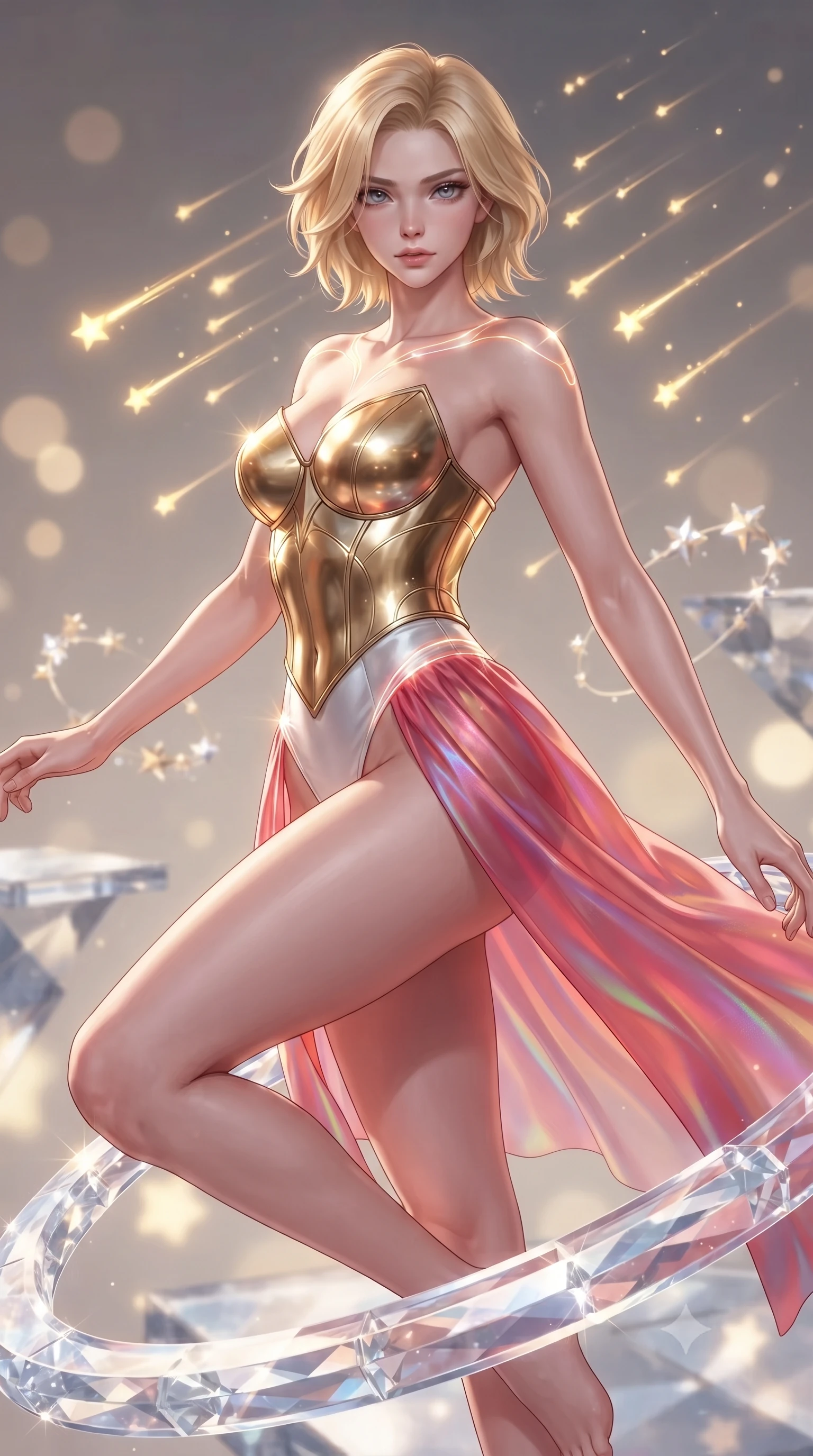 score_9, masterpiece, best quality, ultra-detailed, high-budget anime keyframe, editorial fashion photography, tasteful artistic composition, Caucasian woman. close-up cowboy shot from the waist and thighs up, the character dominates the composition, filling the frame with her large presence. gazing directly into the lens with bedroom eyes and a breathtaking, dangerous allure that commands the entire composition while pivoting dynamically on a crystalline observation ring as a shower of glowing golden shooting stars streaks behind her. The composition keeps background elements in soft focus with creamy bokeh. diamond-glass platforms and orbiting star clusters softened in smooth cosmic atmospheric focus. She has an exceptionally elegant, slender, and willowy female figure with an ultra-slim waist, a gracefully sculpted slender torso, toned flat midriff, and a refined slim silhouette. sharp v-shaped jawline, high-bridge nose, intricate jewel-like eyes with depth, thick eyelashes, glossy lips with a natural sheen, flawlessly proportioned anatomical accuracy, strict slender model proportions, natural body alignment, perfectly sculpted long slender limbs, ultra-slim waistline, clean dynamic posture without body distortion. wearing a sculpted golden breastplate bodice paired with high-cut white satin briefs and a fluid draped side skirt in radiant crimson silk and crisp snow white, made of smooth iridescent silk chiffon that shifts colors with movement, accented with glowing fiber-optic seams tracing her collarbones and hip curves, the sleek second-skin cut tightly hugging her graceful clavicle, narrow waist, and feminine curves with athletic precision. illuminated by crisp diamond-specular highlights tracing her sculpted collarbones, waist, and slender limbs. ultra-reflective glossy finish, specular highlights, metallic sheen, high-contrast stereoscopic depth, volumetric dynamic lighting, 2k, ultra detail, master piece, 9:16 ratio