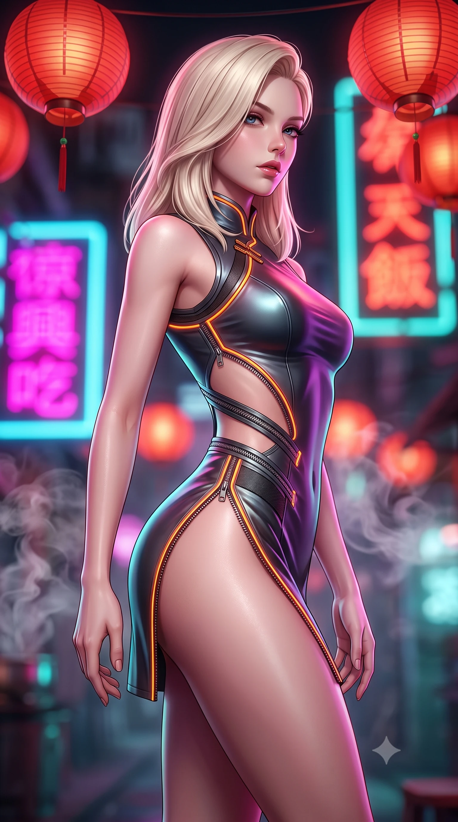 score_9, masterpiece, best quality, ultra-detailed, high-budget anime keyframe, semi-realistic 3D game render, editorial fashion photography, tasteful artistic composition, Caucasian woman. close-up cowboy shot from the waist and thighs up, the character dominates the composition, filling the frame with her large presence. twisting her slender torso in a deep contrapposto stance, hips dramatically shifted to accentuate her feminine curves while looking past her shoulder with smoldering bedroom-eyes while standing poised beneath hanging crimson paper lanterns, twisting her slender torso in an alluring S-curve while looking down at the neon-lit alley below. The composition keeps background elements in soft focus with creamy bokeh. swirling tea steam vapors and glowing neon kanji signs blurred into electric magenta, turquoise, and lantern-scarlet bokeh. She has an exceptionally elegant, slender, and willowy female figure with an ultra-slim waist, a gracefully sculpted slender torso, toned flat midriff, and rounded feminine hips creating an alluring hourglass silhouette. sharp v-shaped jawline, high-bridge nose, intricate jewel-like eyes with depth, thick eyelashes, glossy parted lips with a natural sheen, intensely captivating and seductive bedroom-eyes expression, flawlessly proportioned anatomical accuracy, strict slender model proportions, natural body alignment, perfectly sculpted long slender limbs, ultra-slim waistline, clean dynamic posture without body distortion. wearing a modernized cyber-qipao mini dress with an ultra-high side slit ascending to the hip and glowing LED piping in metallic gunmetal and laser orange, crafted from flexible reflective spandex and tactical webbing, accented with diagonal metal zippers running across the side-waist cutouts, the form-contouring material adhering flawlessly to her sculpted flat midriff and slender torso, emphasizing her long leg lines and perfectly proportioned willowy build. illuminated by wet specular asphalt bounce lights sharply sculpting her narrow waist and rounded hips. highly saturated vibrant anime colors, detailed shading with soft gradients, rich glossy textures, high-contrast stereoscopic depth, volumetric dynamic lighting, master piece, 9:16 ratio