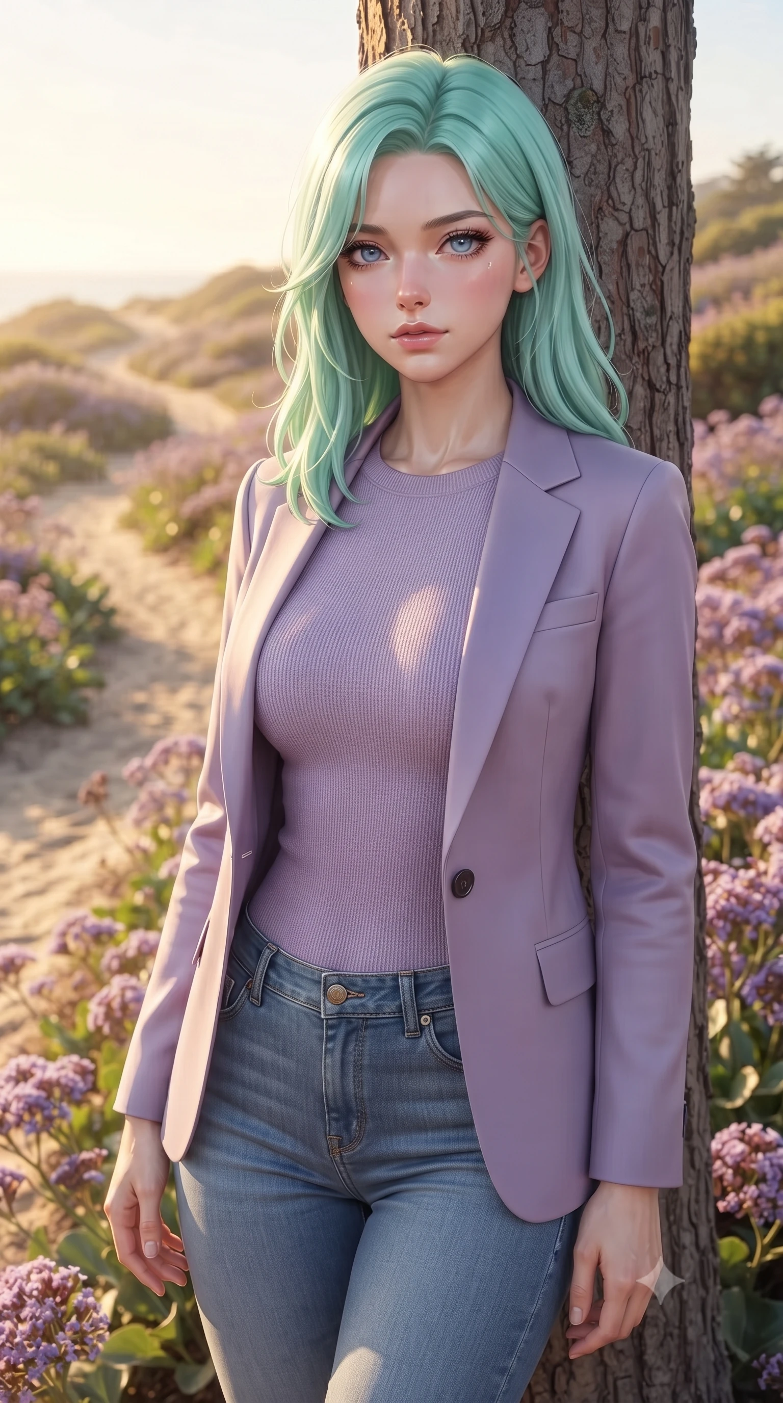 score_9, masterpiece, best quality, ultra-detailed, high-budget anime keyframe, editorial fashion photography, tasteful artistic composition, Japanese woman woman. close-up cowboy shot from the waist and thighs up, the character dominates the composition, filling the frame with her large presence, background elements kept in soft focus. standing relaxed against a tree trunk, sharing a quiet, serene moment with the viewer the background shows a soft-focus a narrow sandy path winding through coastal dunes and blooming sea lavender. She has an exceptionally elegant, slender, and willowy female figure with an ultra-slim waist, a gracefully sculpted slender torso, and a refined silhouette. sharp v-shaped jawline, high-bridge nose, intricate jewel-like eyes with depth, thick eyelashes, glossy lips with a natural sheen. wearing a slim-fit tight-fitting lavender knit bodysuit worn under a tailored open blazer and jeans. warm golden afternoon sunlight bathing the landscape in a soft glow. ultra-reflective glossy finish, specular highlights, metallic sheen, high-contrast stereoscopic depth, volumetric dynamic lighting, 2k, ultra detail, master piece, 9:16 ratio