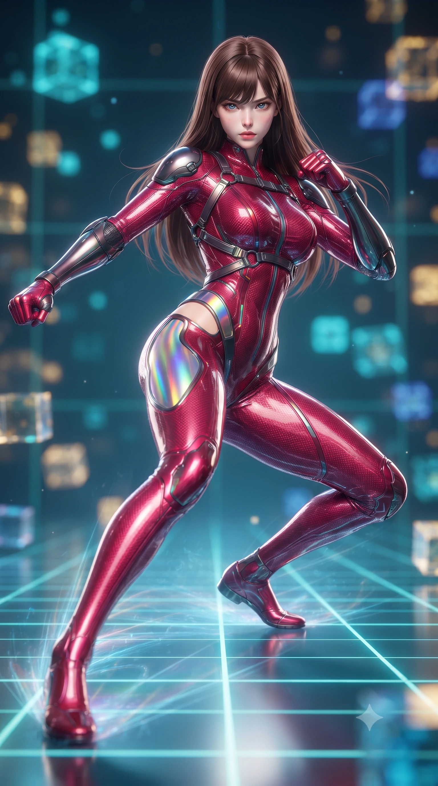 score_9, masterpiece, best quality, ultra-detailed, high-budget anime keyframe, editorial fashion photography, tasteful artistic composition, Korean woman. low angle full-body shot from head to toe showing her feet, filling the entire 9:16 vertical frame with her statuesque presence, stretching her vertical silhouette. pivoting dynamically in a high-speed low sweep kick along the reflective floor, her athletic torso and ultra-slim waist twisting in a fluid arc of power while shifting at supersonic speed across a glowing quantum grid floor, leaving translucent holographic after-images in her wake. The composition keeps background elements in soft focus with creamy bokeh. pulsing quantum grid lines and floating data cubes blurred into rich electric cyan, gold, and sapphire bokeh. She has an absolutely perfect, statuesque 8.5-heads proportion, an exceptionally tall and slender model-like female figure with impossibly long slender legs, a toned flat midriff, and an ultra-slim waist. sharp v-shaped jawline, high-bridge nose, intricate jewel-like eyes with depth, thick eyelashes, glossy lips with a natural sheen, flawlessly proportioned anatomical accuracy, strict slender model proportions, natural body alignment, perfectly sculpted long slender limbs, ultra-slim waistline, clean dynamic posture without body distortion. wearing a skin-tight crimson carbon-weave battle-suit with metallic dark chrome elbow dampers and hip-accentuating cutouts in high-gloss iridescent rainbow carbon with prism holographic sheen, crafted from semi-translucent cybernetic carbon-vinyl interwoven with glowing micro-filaments, reinforced by a sleek titanium kinetic harness and glowing micro-energy straps, the sleek second-skin cut tightly hugging her graceful clavicle, narrow waist, and feminine curves with athletic precision. surrounded by an omniscient, divine, and radiantly transcendent martial muse aura. ultra-reflective glossy finish, specular highlights, dark metallic sheen, high-contrast stereoscopic depth, volumetric dynamic lighting, 2k, ultra detail, master piece, 9:16 ratio