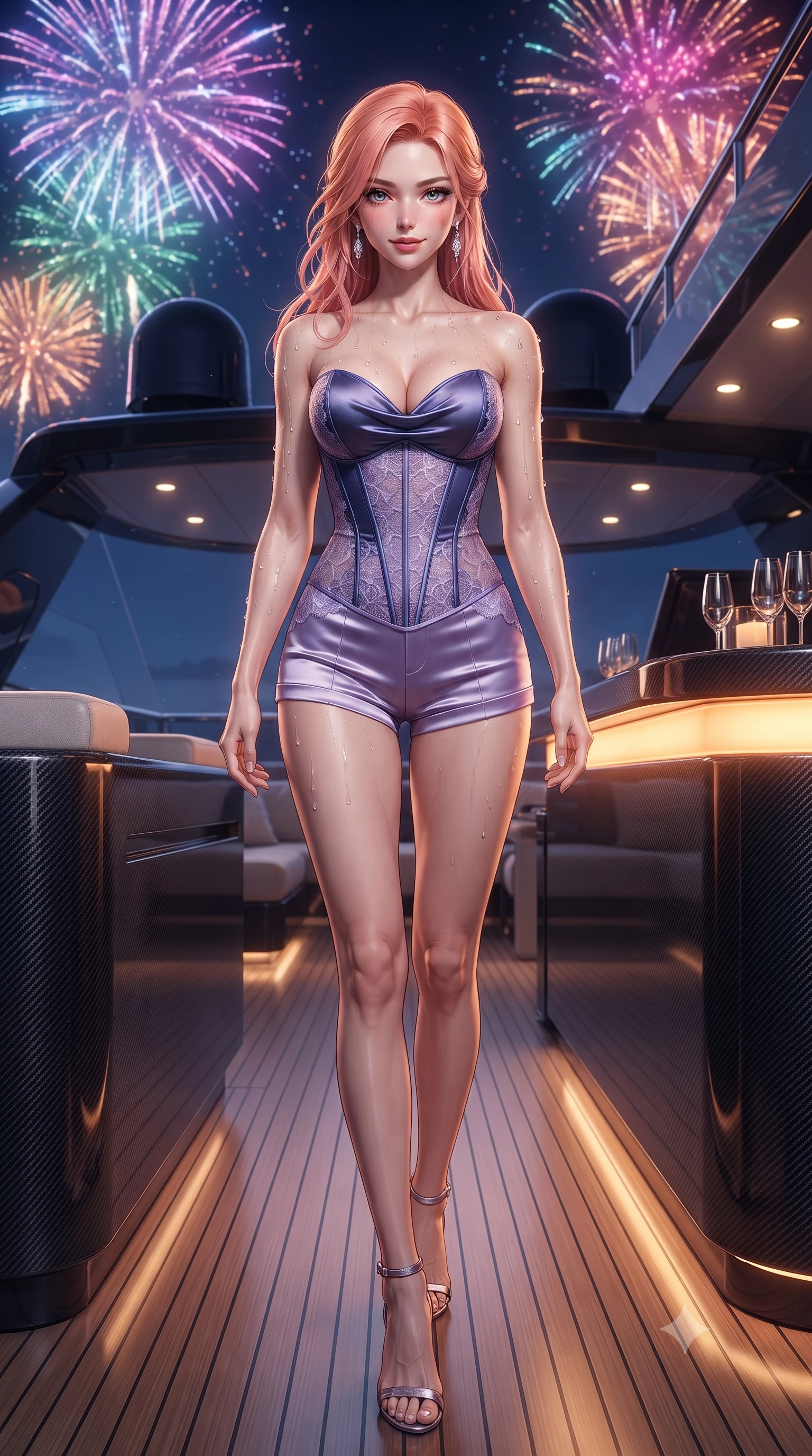 score_9, masterpiece, best quality, ultra-detailed, high-budget anime keyframe, editorial fashion photography, tasteful artistic composition, Japanese woman. low angle full-body shot from head to toe showing her feet, filling the entire 9:16 vertical frame with her statuesque presence, stretching her vertical silhouette. stepping slowly toward the camera with hypnotic grace, hips swaying in an alluring sensual rhythm that accentuates her curvy hourglass silhouette and long slender legs while standing poised beside the illuminated high-gloss carbon-fiber bar counter, arching her lower back with sovereign VIP celebration glamour. The surrounding environment is rendered in vivid detail and crisp panoramic clarity: detailed plunging cowl-neck metallic gown cling, diamond earrings sparkle, and luxury yacht flybridge engineering in razor-sharp precision. She has an absolutely perfect, statuesque 8.5-heads proportion, an exceptionally tall and slender model-like female figure with impossibly long slender legs, an ultra-slim waist, a flat toned midriff, narrow delicate ribcage, and beautifully sculpted feminine hips creating a graceful, slim hourglass silhouette without any bulky heaviness. sharp v-shaped jawline, high-bridge nose, sparkling eyes with hypnotic seductive depth, thick curled eyelashes, glossy parted lips with a natural dewy peach sheen, alluring bedroom-eyes with an enchanting coquettish smile, exuding magnetic siren charisma and sophisticated glamour, flawlessly proportioned anatomical accuracy, strict slender model proportions, natural body alignment, perfectly sculpted long slender limbs, ultra-slim waistline, clean dynamic posture without body distortion. wearing a strapless boned satin corset bodice paired with low-waisted tailored satin hot-pants in twilight lavender and midnight indigo, made of delicate semi-sheer French Chantilly lace with intricate eyelash edges, finished with glistening drops of pool water beading across her sculpted shoulders and collarbones, the liquid-tight tailored fabric clinging flawlessly to her narrow waist and rounded feminine hips, emphasizing every millimeter of her sculpted slim hourglass curves without any bulky heaviness. bathed in dynamic multi-color light flashes from fireworks overhead mixed with warm amber bar counter glow. ultra-reflective glossy finish, specular highlights, rich textural contrasts, high-contrast stereoscopic depth, volumetric dynamic lighting, 2k, ultra detail, master piece, 9:16 ratio