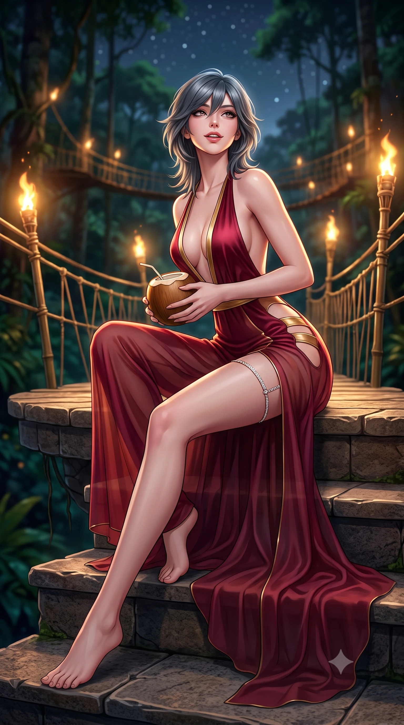 score_9, masterpiece, best quality, ultra-detailed, high-budget anime keyframe, semi-realistic 3D game render, editorial fashion photography, tasteful artistic composition, Caucasian woman. low angle full-body shot from head to toe showing her feet, filling the entire 9:16 vertical frame with her statuesque presence, stretching her vertical silhouette. sitting poised on the stone steps with one knee bent, arching her spine with supermodel elegance as she glances upward through thick eyelashes while sitting perched on the edge of the floating platform with legs extended, holding a fresh coconut elixir with an alluring, parted-lip smile. The background shows a soft-focus towering rainforest canopy leaves rustling in night breeze, winding torch-lit bamboo suspension bridges, and starlit sky blurred into deep emerald, amber, and indigo bokeh. She has an absolutely perfect, statuesque 8.5-heads proportion, an exceptionally tall and slender model-like female figure with impossibly long slender legs, an ultra-slim waist, a flat toned midriff, narrow delicate ribcage, and beautifully sculpted feminine hips creating a graceful, slim hourglass silhouette without any bulky heaviness. sharp v-shaped jawline, high-bridge nose, sparkling eyes with hypnotic seductive depth, thick curled eyelashes, glossy parted lips with a natural dewy peach sheen, alluring bedroom-eyes with an enchanting coquettish smile, exuding magnetic siren charisma and sophisticated glamour, flawlessly proportioned anatomical accuracy, strict slender model proportions, natural body alignment, perfectly sculpted long slender limbs, ultra-slim waistline, clean dynamic posture without body distortion. wearing a backless plunge-front silk satin jumpsuit with fluid wide-leg silhouette and side hip cutouts in Belle Époque bordeaux and gilded 24k gold, made of sheer gossamer chiffon that drapes softly against skin with airy translucence, finished with delicate crystal-encrusted thigh garter straps glinting in the dim light, the glove-like clinging cut tightly following the natural contour of her hips and long slender legs with youthful 8.5-heads elegance. illuminated by polished teak reflection bounce and sharp flame-gold rim lights defining her razor-sharp jawline, narrow waist, and curvy hips. highly saturated vibrant anime colors, detailed shading with soft gradients, rich glossy textures, high-contrast stereoscopic depth, volumetric dynamic lighting, master piece, 9:16 ratio