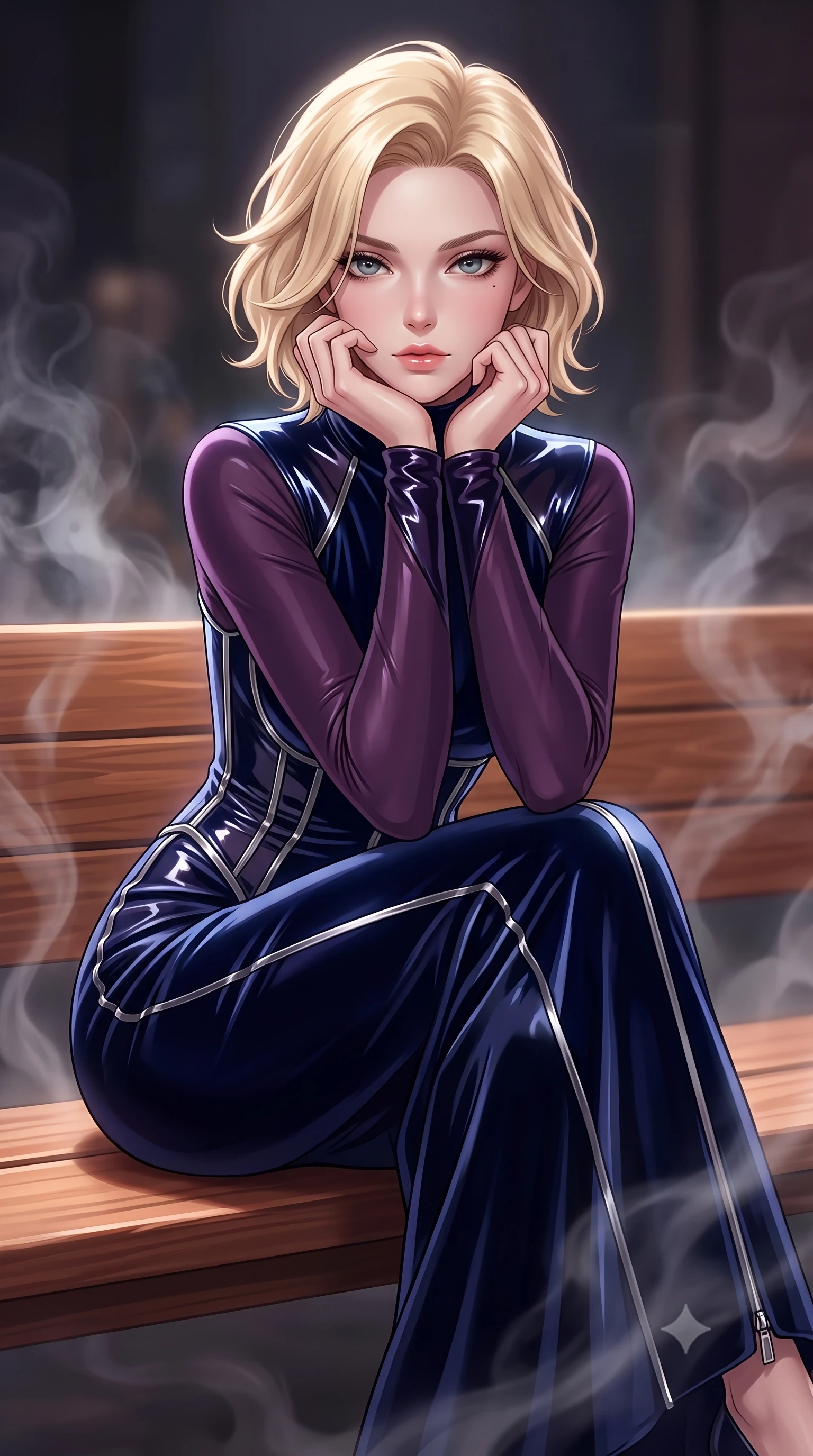 score_9, masterpiece, best quality, ultra-detailed, high-budget anime keyframe, editorial fashion photography, tasteful artistic composition, Caucasian woman. close-up cowboy shot from the waist and thighs up, the character dominates the composition, filling the frame with her large presence, background elements kept in soft focus. Resting her chin on the backs of her fingers with an air of effortless superiority, poised on a polished cedar bench as soft ambient steam swirls gracefully around her, high-fashion editorial serenity with magnetic sensual allure. She has an exceptionally elegant, slender, and willowy female figure with an ultra-slim waist, a gracefully sculpted slender torso, and a refined silhouette. sharp v-shaped jawline, high-bridge nose, intricate jewel-like eyes with depth, thick eyelashes, glossy lips with a natural sheen. wearing floor-length high-neck midnight navy velvet gown with long sleeves in dark plum violet, made of high-gloss liquid vinyl, finished with metallic silver boning and sleek zipper points, sculpting her athletic slender build with refined precision. surrounded by a moody, intimate glow with sharp specular skin highlights. highly saturated vibrant anime colors, detailed shading with soft gradients, rich glossy textures, high-contrast stereoscopic depth, volumetric dynamic lighting, master piece, 9:16 ratio