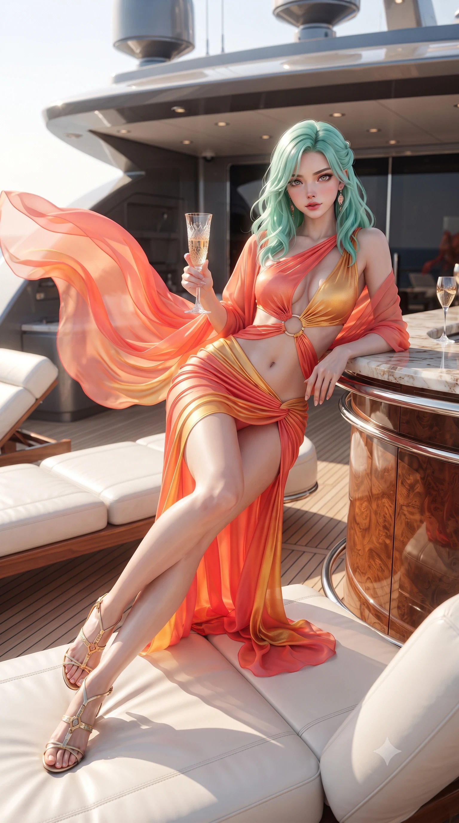 score_9, masterpiece, best quality, ultra-detailed, high-budget anime keyframe, editorial fashion photography, tasteful artistic composition, Japanese woman. low angle full-body shot from head to toe showing her feet, filling the entire 9:16 vertical frame with her statuesque presence, stretching her vertical silhouette. reclining on her side in an elegant Cleopatra pose with one knee drawn up, the dramatic contour of her rounded hips and long slender legs commanding the 9:16 vertical frame while leaning against the yacht's outdoor bar with hips shifted to one side, holding a champagne flute while locking smoldering eyes with the viewer. The composition keeps background elements in soft focus with creamy bokeh. sleek yacht superstructure and white leather loungers softened in dreamy cinematic focus. She has an absolutely perfect, statuesque 8.5-heads proportion, an exceptionally tall and slender model-like female figure with impossibly long slender legs, a toned flat midriff, an ultra-slim waist, and beautifully sculpted feminine hips. sharp v-shaped jawline, high-bridge nose, intricate jewel-like eyes with depth, thick eyelashes, glossy parted lips with a natural sheen, intensely captivating and seductive bedroom-eyes expression, flawlessly proportioned anatomical accuracy, strict slender model proportions, natural body alignment, perfectly sculpted long slender limbs, ultra-slim waistline, clean dynamic posture without body distortion. wearing a daring cutout silk chiffon gown with an exposed midriff ring and a draped hip-hugging sarong skirt in vibrant sunset coral and molten gold, woven from fine organic mulberry silk with metallic gold thread, complemented by a breezy silk chiffon shawl billowing in the sea wind, the liquid-tight tailored fabric clinging flawlessly to her narrow waist and rounded feminine hips, emphasizing every millimeter of her sculpted hourglass curves during movement. surrounded by an opulent, sun-drenched, and breathtakingly seductive jet-set heiress aura. ultra-reflective glossy finish, specular highlights, rich textural contrasts, high-contrast stereoscopic depth, volumetric dynamic lighting, 2k, ultra detail, master piece, 9:16 ratio