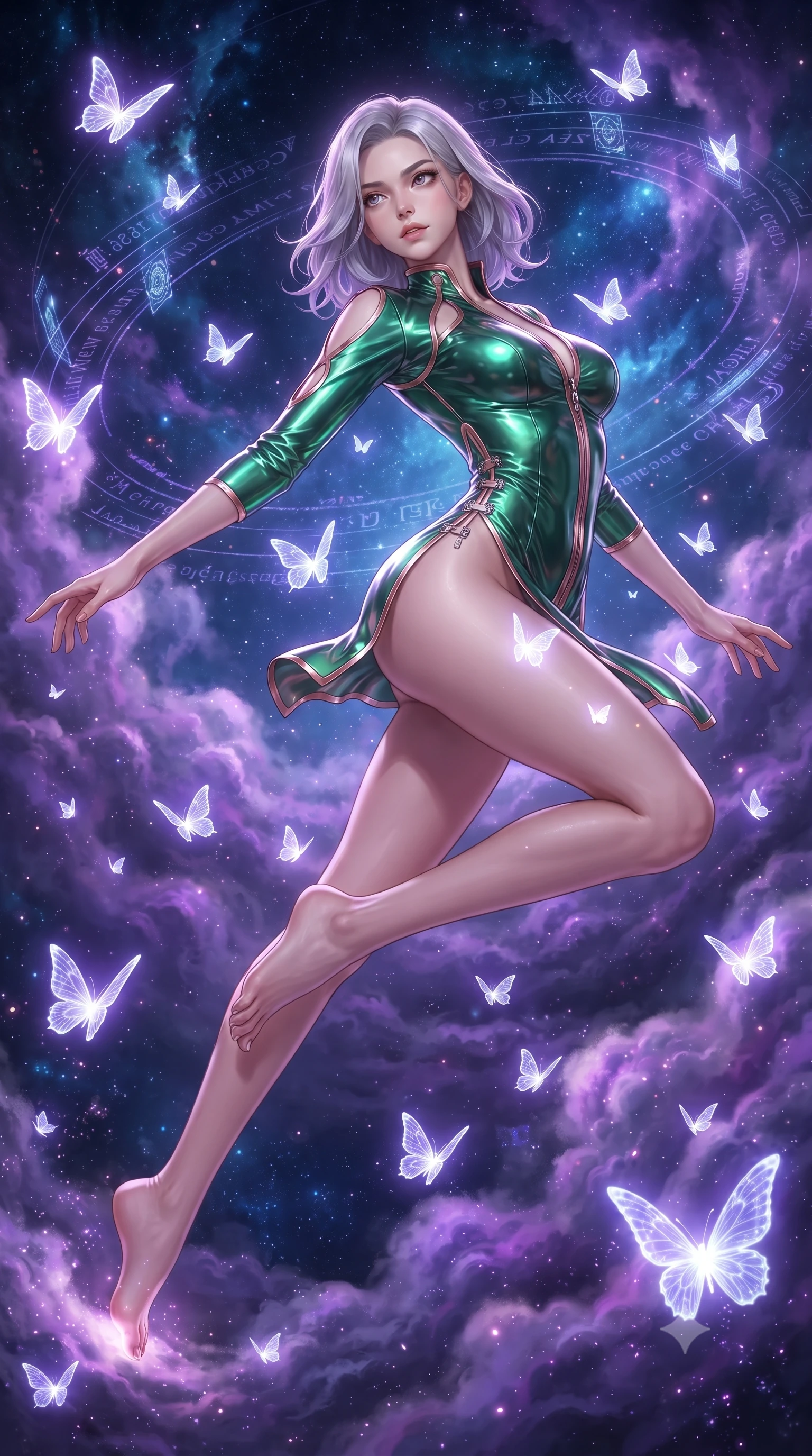 score_9, masterpiece, best quality, ultra-detailed, high-budget anime keyframe, editorial fashion photography, tasteful artistic composition, Caucasian woman. low angle full-body shot from head to toe showing her feet, filling the entire 9:16 vertical frame with her statuesque presence, stretching her vertical silhouette. leaping through mid-air with an athletic yet alluring arch of her spine, her impossibly long slender legs stretched in flawless poise while arching her back gracefully in a sea of violet nebula gas while luminous butterflies illuminate her skin. The surrounding environment is rendered in vivid detail and crisp panoramic clarity. crisp stardust rings, floating holographic glyphs, and celestial depth captured in high resolution. She has an absolutely perfect, statuesque 8.5-heads proportion, an exceptionally tall and slender model-like female figure with impossibly long slender legs and an ultra-slim waist. sharp v-shaped jawline, high-bridge nose, intricate jewel-like eyes with depth, thick eyelashes, glossy lips with a natural sheen, flawlessly proportioned anatomical accuracy, natural body alignment, perfectly sculpted elegant limbs, clean dynamic posture without body distortion. wearing a form-fitting top made of molten liquid-mercury fabric that clings to her curves, with strategic tear-drop shoulder cutouts and a dangerously unzipped front collar in emerald green and metallic rose gold trim, formed from high-gloss patent material with specular light reflections, finished with an ultra-high side slit secured by miniature magnetic clasps, the liquid-tight fabric adhering flawlessly to her sculpted torso and slender silhouette. surrounded by an enchanting, weightless, and dreamily sensual cosmic atmosphere. ultra-reflective glossy finish, specular highlights, metallic sheen, high-contrast stereoscopic depth, volumetric dynamic lighting, 2k, ultra detail, master piece, 9:16 ratio