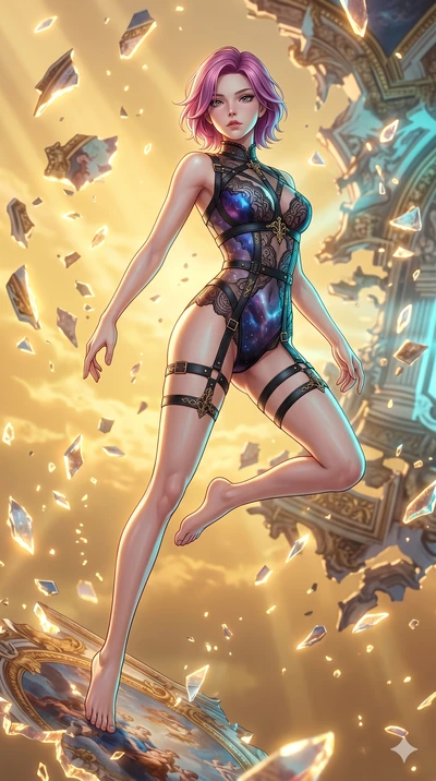 score_9, masterpiece, best quality, ultra-detailed, high-budget anime keyframe, Japanese woman. low angle full-body shot filling the entire 9:16 frame with her statuesque presence, stretching the vertical silhouette. propelling herself off digital ba