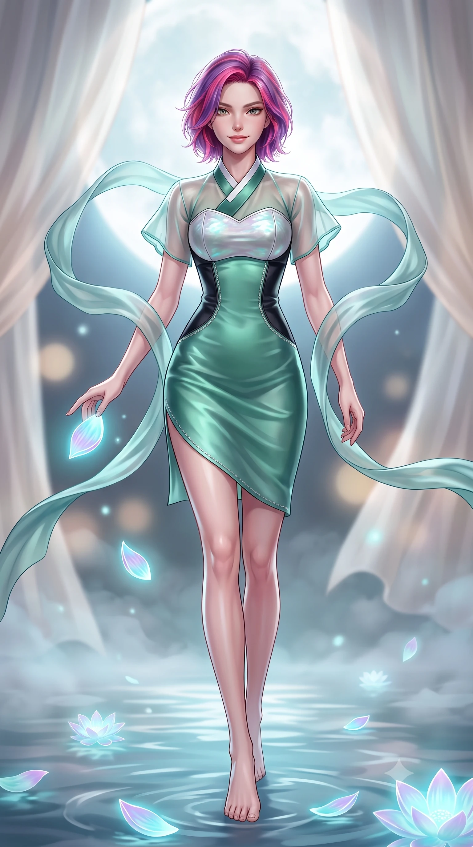 score_9, masterpiece, best quality, ultra-detailed, high-budget anime keyframe, semi-realistic 3D game render, editorial fashion photography, tasteful artistic composition, Caucasian woman. low angle full-body shot from head to toe showing her feet, filling the entire 9:16 vertical frame with her statuesque presence, stretching her vertical silhouette. striding forward in a proud, dynamic supermodel runway stride, her statuesque vertical silhouette commanding the entire frame while pivoting gracefully as floating holographic lotus blossoms drift across the water, touching one petal with a gentle smile. The composition keeps background elements in soft focus with creamy bokeh. billowing silk pavilion drapes and water mist layers softened in dreamy atmospheric depth of field. She has an absolutely perfect, statuesque 8.5-heads proportion, an exceptionally tall and slender model-like female figure with impossibly long slender legs, a toned flat midriff, and an ultra-slim waist. sharp v-shaped jawline, high-bridge nose, intricate jewel-like eyes with depth, thick eyelashes, glossy lips with a natural sheen, captivating and magnetic expression, flawlessly proportioned anatomical accuracy, strict slender model proportions, natural body alignment, perfectly sculpted long slender limbs, ultra-slim waistline, clean dynamic posture without body distortion. wearing a modern fusion silk hanbok dress with sheer organza butterfly sleeves and a structured mother-of-pearl bodice in jade green and dark obsidian, tailored from traditional lustrous satin with delicate hand-stitched borders, complemented by long flowing silk arm ribbons that float weightlessly in the air, the form-contouring material adhering flawlessly to her sculpted flat midriff and slender torso, emphasizing her long leg lines and perfectly proportioned willowy build. bathed in radiant silver-white full moon backlighting and soft cyan holographic lotus glow. highly saturated vibrant anime colors, detailed shading with soft gradients, rich glossy textures, high-contrast stereoscopic depth, volumetric dynamic lighting, master piece, 9:16 ratio