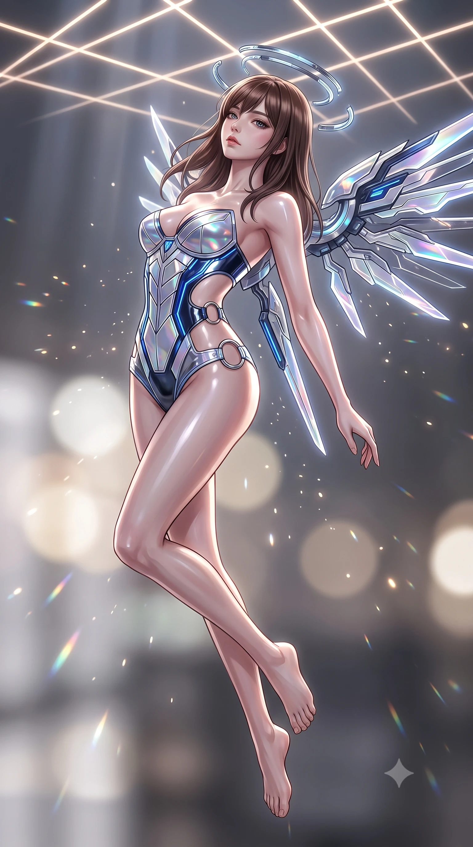score_9, masterpiece, best quality, ultra-detailed, high-budget anime keyframe, editorial fashion photography, tasteful artistic composition, Korean woman. low angle full-body shot from head to toe showing her feet, filling the entire 9:16 vertical frame with her statuesque presence, stretching her vertical silhouette. arching her back gracefully in mid-air as glowing mechanical wings and floating cybernetic halos frame her statuesque presence while arching her spine in a fluid motion beneath a grid of glowing overhead laser lines that illuminate her bare clavicle and waist. The composition keeps background elements in soft focus with creamy bokeh. sparkling laser light refractions on glass scattering radiant light motes across the background. She has an absolutely perfect, statuesque 8.5-heads proportion, an exceptionally tall and slender model-like female figure with impossibly long slender legs, a toned flat midriff, and an ultra-slim waist. sharp v-shaped jawline, high-bridge nose, intricate jewel-like eyes with depth, thick eyelashes, glossy lips with a natural sheen, flawlessly proportioned anatomical accuracy, strict slender model proportions, natural body alignment, perfectly sculpted long slender limbs, ultra-slim waistline, clean dynamic posture without body distortion. wearing a precision-tailored holographic cyber-corset with geometric iridescent plating and an ultra-slim waist-cinching silhouette in liquid platinum silver and deep sapphire blue LED filaments, formed from high-gloss patent material with specular chiaroscuro reflections, detailed with polished silver rings connecting the daring side-waist cutouts, the liquid-tight tailored fabric emphasizing every curve of her tall, slender model proportions and sculptured silhouette during dynamic movement. surrounded by an ultra-chic, commanding, and fiercely magnetic cyber-sovereign atmosphere. ultra-reflective glossy finish, specular highlights, dark metallic sheen, high-contrast stereoscopic depth, volumetric dynamic lighting, 2k, ultra detail, master piece, 9:16 ratio