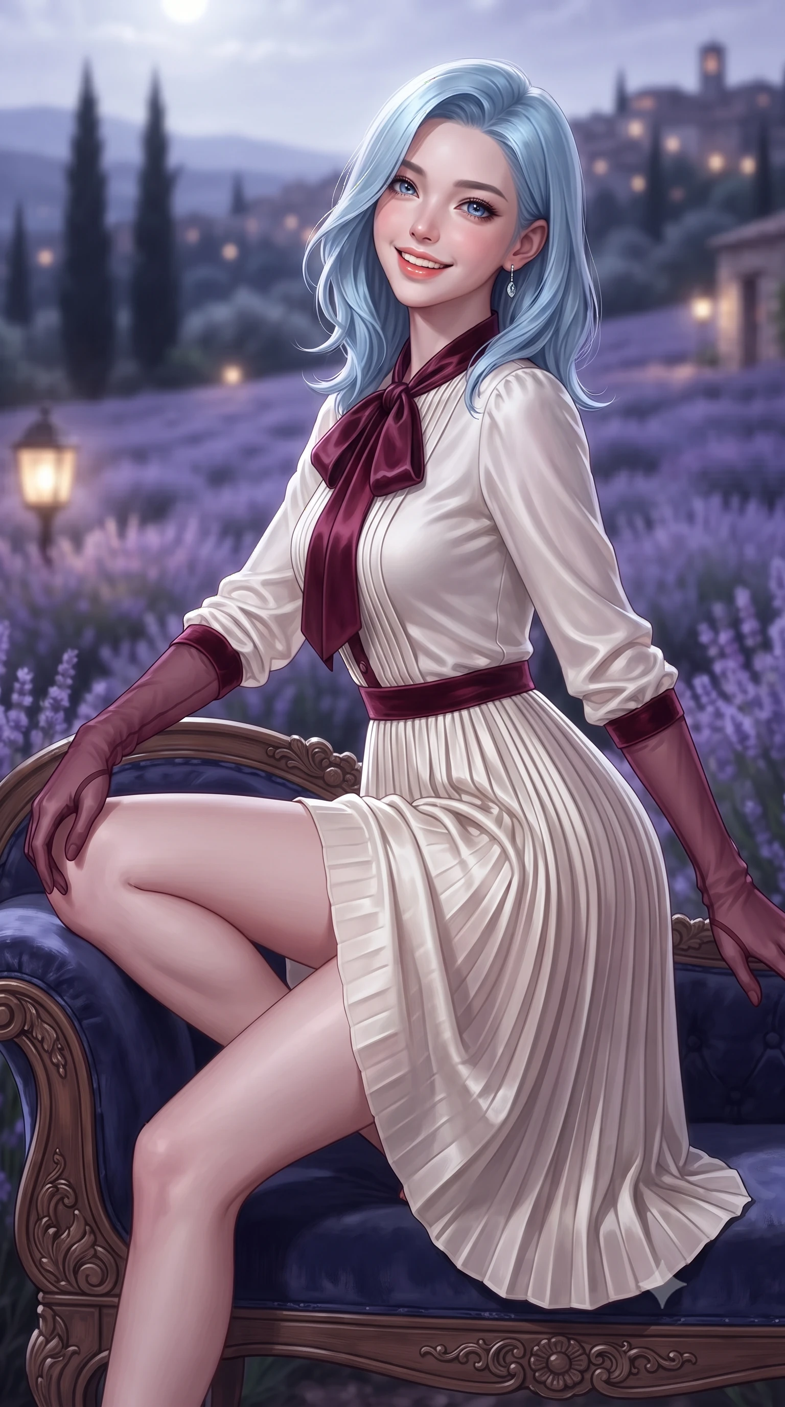 score_9, masterpiece, best quality, ultra-detailed, high-budget anime keyframe, editorial fashion photography, tasteful artistic composition, Korean woman. close-up cowboy shot from the waist and thighs up, the character dominates the composition, filling the frame with her large presence. perched sideways on the lounge seat, one knee drawn up to showcase her slender leg line while her arched back accentuates her feminine hip curve while twisting her slender torso in an alluring S-curve beside the climbing wisteria, cool evening breezes molding her outfit to her hourglass curves. The background shows a soft-focus rolling purple lavender fields bathed in silver moonlight, dark cypress spires, and distant lights of hilltop stone villages blurred into lavender, amethyst, and silver bokeh. She has an exceptionally elegant, slender, and willowy female figure with an ultra-slim waist, flat toned midriff, narrow ribcage, and sculpted feminine hips creating an alluring, slim hourglass silhouette without bulk. sharp v-shaped jawline, high-bridge nose, intricate jewel-like sparkling eyes with depth, thick eyelashes, glossy parted lips with a natural peach sheen, bright cheerful beaming smile with an enchanting and coquettish sensual glint, exuding both youthful cute charm and seductive allure, flawlessly proportioned anatomical accuracy, strict slender model proportions, natural body alignment, perfectly sculpted long slender limbs, ultra-slim waistline, clean dynamic posture without body distortion. wearing an elegant long-sleeve silk georgette tea dress with pleated A-line skirt and neck pussy-bow in Belvedere ivory pearl and Habsburg bordeaux wine, tailored from ultra-plush silk velvet with rich tactile depth and deep shadow gradients, complemented by sheer opera-length evening gloves tracing her slender arms, the bespoke structured tailoring following the natural line of her 8.5-heads silhouette with refined elegance. bathed in ethereal silver 4500K moonlight illuminating the lavender valley combined with warm 2400K stone wall lanterns. ultra-reflective glossy finish, specular highlights, rich textural contrasts, high-contrast stereoscopic depth, volumetric dynamic lighting, 2k, ultra detail, master piece, 9:16 ratio