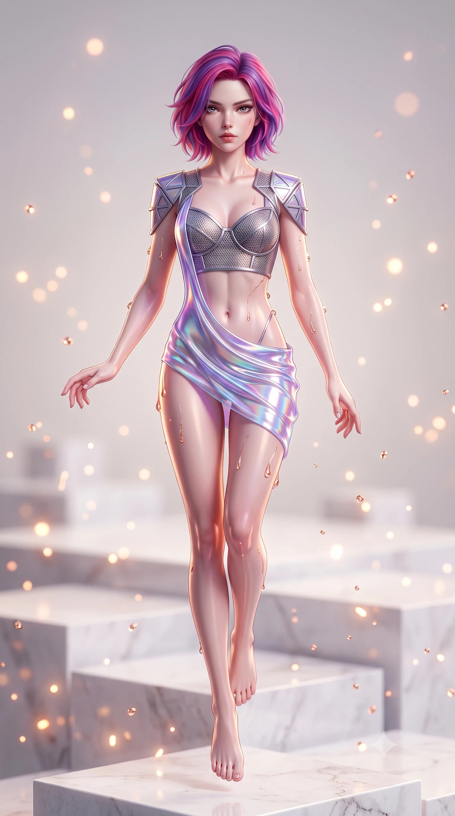 score_9, masterpiece, best quality, ultra-detailed, high-budget anime keyframe, semi-realistic 3D game render, editorial fashion photography, tasteful artistic composition, Caucasian woman. low angle full-body shot from head to toe showing her feet, filling the entire 9:16 vertical frame with her statuesque presence, stretching her vertical silhouette. performing an alluring mid-air vault with flawless poise, looking directly into the camera with regal, divine intensity while ascending a white quartz platform as nano-fluid droplets glisten like liquid rose gold along her sculpted contour. The composition keeps background elements in soft focus with creamy bokeh. glistening nano-fluid droplets scattering warm, glowing light motes across a luminous backdrop. She has an absolutely perfect, statuesque 8.5-heads proportion, an exceptionally tall and slender model-like female figure with impossibly long slender legs, a toned flat midriff, and an ultra-slim waist. sharp v-shaped jawline, high-bridge nose, intricate jewel-like eyes with depth, thick eyelashes, glossy lips with a natural sheen, flawlessly proportioned anatomical accuracy, strict slender model proportions, natural body alignment, perfectly sculpted long slender limbs, ultra-slim waistline, clean dynamic posture without body distortion. wearing a structured titanium-mesh bustier with geometric shoulder pauldrons and an ultra-slender liquid jersey drape in iridescent holographic chrome with prism violet highlights, tailored from semi-translucent cybernetic vinyl with glowing micro-filaments, featuring a sleek aerodynamic collar framed by subtle glowing cybernetic accents, the form-contouring material adhering flawlessly to her sculpted flat midriff and slender torso, emphasizing her long leg lines and perfectly proportioned willowy build. illuminated by sparkling fluid droplet refractions and crisp specular highlights tracing her slender curves. rich saturated anime colors with glowing neon highlights, detailed shading with soft gradients, rich glossy textures, high-contrast stereoscopic depth, volumetric dynamic lighting, master piece, 9:16 ratio