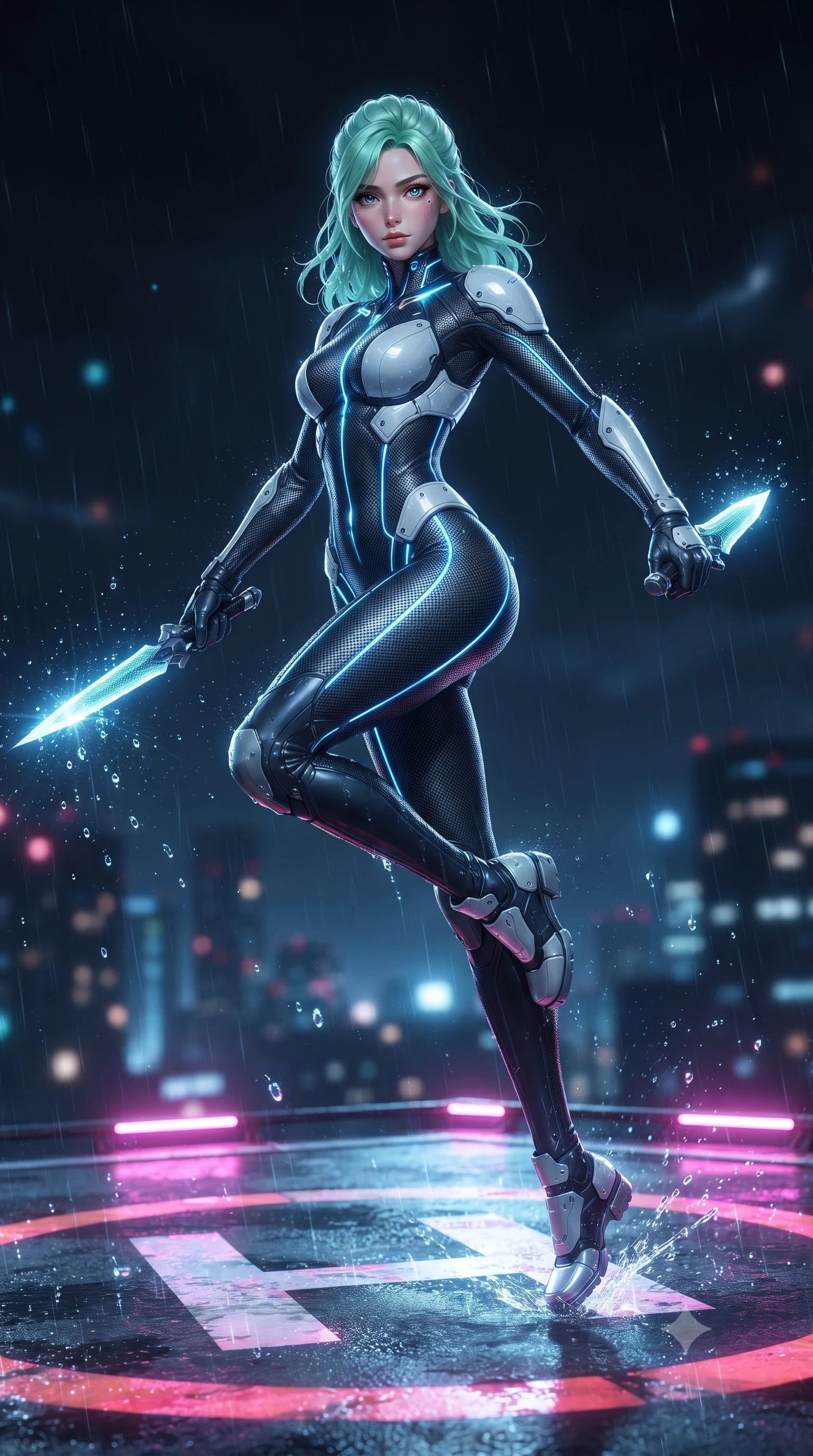 score_9, masterpiece, best quality, ultra-detailed, high-budget anime keyframe, editorial fashion photography, tasteful artistic composition, Japanese woman. low angle full-body shot from head to toe showing her feet, filling the entire 9:16 vertical frame with her statuesque presence, stretching her vertical silhouette. performing an alluring mid-air combat landing with flawless poise, looking directly into the camera with regal, deadly intensity while pivoting dynamically across the illuminated helipad markings as neon rain droplets splash off her glowing energy blade. The composition keeps background elements in soft focus with creamy bokeh. sparkling plasma energy motes and splashing rain droplets scattering radiant light across a dark backdrop. She has an absolutely perfect, statuesque 8.5-heads proportion, an exceptionally tall and slender model-like female figure with impossibly long slender legs, a toned flat midriff, and an ultra-slim waist. sharp v-shaped jawline, high-bridge nose, intricate jewel-like eyes with depth, thick eyelashes, glossy lips with a natural sheen, flawlessly proportioned anatomical accuracy, strict slender model proportions, natural body alignment, perfectly sculpted long slender limbs, ultra-slim waistline, clean dynamic posture without body distortion. wearing an aerodynamic dark titanium carbon-mesh jumper with glowing blue fiber lines, holding twin chrome vibro-daggers with deadly supermodel poise in glacial ice-cyan carbon mesh with pure white armor plates, made of liquid carbon-jersey fabric adhering flawlessly to her sculpted silhouette, accented with glowing fiber-optic conduits tracing her collarbones and hip curves, the liquid-tight tailored fabric emphasizing every curve of her tall, slender model proportions and sculptured silhouette during dynamic movement. illuminated by crisp white key lighting with sharp specular highlights tracing her sculpted carbon armor curves. ultra-reflective glossy finish, specular highlights, dark metallic sheen, high-contrast stereoscopic depth, volumetric dynamic lighting, 2k, ultra detail, master piece, 9:16 ratio