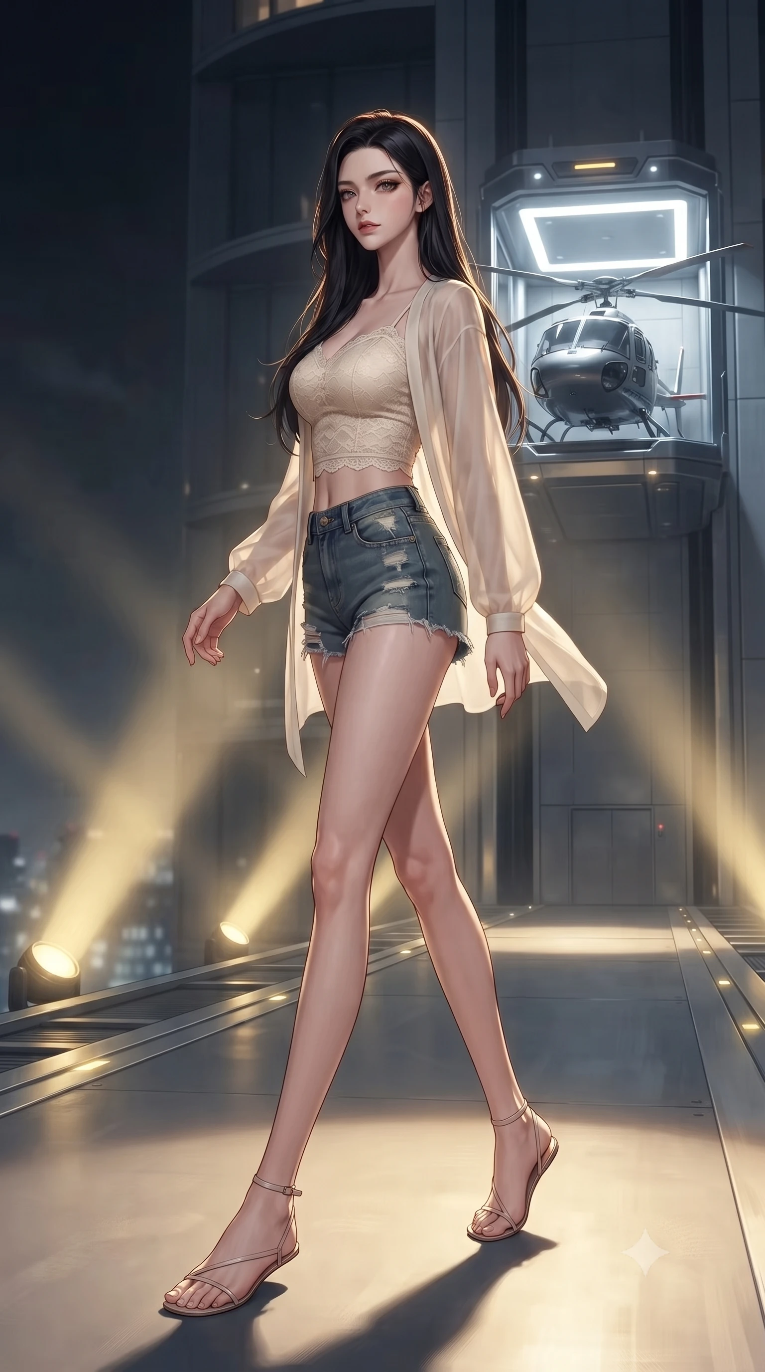 score_9, masterpiece, best quality, ultra-detailed, high-budget anime keyframe, editorial fashion photography, tasteful artistic composition, Korean woman. low angle full-body shot from head to toe showing her feet, filling the entire 9:16 vertical frame with her statuesque presence, stretching her vertical silhouette. stepping gracefully while looking back over her shoulder, her dress draped tightly to reveal her silhouette the background shows a soft-focus a futuristic vehicle elevator transporting a helicopter to a rooftop runway. She has an absolutely perfect, statuesque 8.5-heads proportion, an exceptionally tall and slender model-like female figure with impossibly long slender legs and an ultra-slim waist. sharp v-shaped jawline, high-bridge nose, intricate jewel-like eyes with depth, thick eyelashes, glossy lips with a natural sheen. wearing a body-hugging delicate lace crop top in cream, worn under a semi-opaque chiffon cardigan and denim shorts. harsh sodium yellow spotlights casting long dramatic industrial shadows. ultra-reflective glossy finish, specular highlights, metallic sheen, high-contrast stereoscopic depth, volumetric dynamic lighting, 2k, ultra detail, master piece, 9:16 ratio