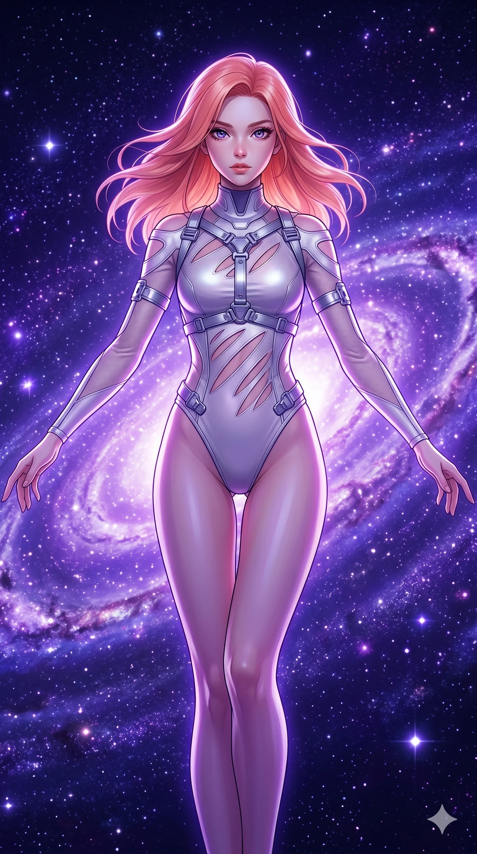 score_9, masterpiece, best quality, ultra-detailed, high-budget anime keyframe, editorial fashion photography, tasteful artistic composition, Japanese woman. Upper body close-up from the thighs up, character filling the screen for maximum presence. She is floating weightlessly inside a brilliant violet galaxy, surrounded by swirling cosmic dust rings. She spreads her arms in a graceful flying pose, looking toward the camera. She has an absolutely perfect 8-heads proportion, an exceptionally tall and slender female figure with impossibly long slender legs and an ultra-slim waist. V-shaped jawline, high-bridge nose, intricate jewel-like eyes with depth, thick eyelashes, glossy lips with a natural sheen. She is wearing an ultra-sleek high-cut tech-bodysuit featuring dangerous diagonal slitted cutouts on the midriff and shoulders, reinforced by a metallic silver harness and sheer mesh sleeves. The scene is bathed in brilliant purple starlight and a sharp white front key light highlighting her details. 2k, ultra detail, master piece, 9:16 ratio