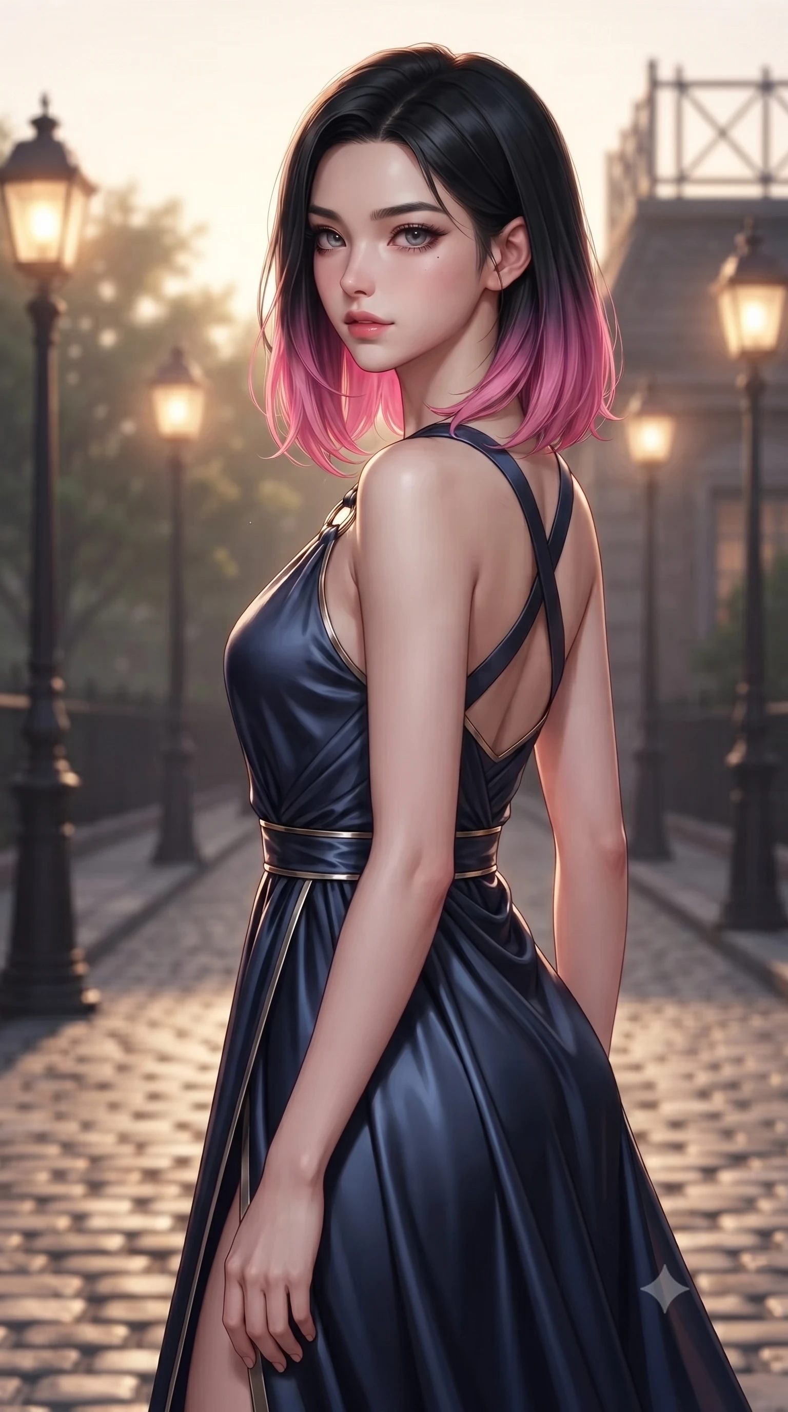 score_9, masterpiece, best quality, ultra-detailed, high-budget anime keyframe, editorial fashion photography, tasteful artistic composition, Korean woman. close-up cowboy shot from the waist and thighs up, the character dominates the composition, filling the frame with her large presence, background elements kept in soft focus. Glancing sidelong over her shoulder with a smoldering half-smile and heavy lashes stepping along a cobblestone academy path flanked by glowing streetlamps, golden hour sunbeams casting dramatic fence grid shadows on the roof deck. She has an exceptionally elegant, slender, and willowy female figure with an ultra-slim waist, a gracefully sculpted slender torso, and a refined silhouette. sharp v-shaped jawline, high-bridge nose, intricate jewel-like eyes with depth, thick eyelashes, glossy lips with a natural sheen. wearing an asymmetrical Grecian draped chiffon gown with a metallic shoulder ring in midnight navy blue and chrome trim, crafted from lustrous satin jersey with fluid draping, complemented by criss-cross back straps highlighting her bare shoulders, the glove-like fit emphasizing her statuesque silhouette. surrounded by a serene, nostalgic golden aura with soft backlighting. ultra-reflective glossy finish, specular highlights, metallic sheen, high-contrast stereoscopic depth, volumetric dynamic lighting, 2k, ultra detail, master piece, 9:16 ratio