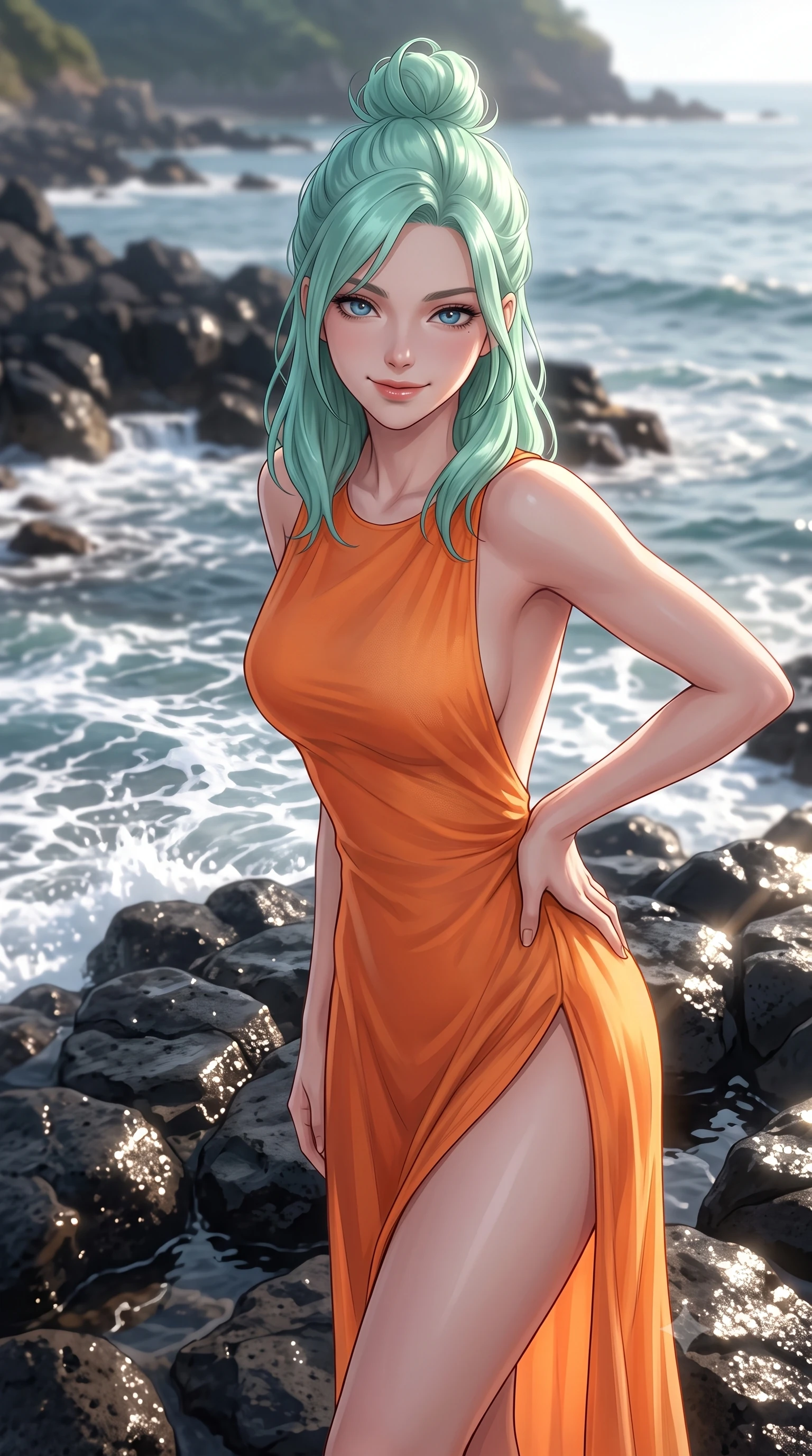 score_9, masterpiece, best quality, ultra-detailed, high-budget anime keyframe, editorial fashion photography, tasteful artistic composition, Japanese woman woman. close-up cowboy shot from the waist and thighs up, the character dominates the composition, filling the frame with her large presence, background elements kept in soft focus. leaning slightly forward with a playful, teasing smile, her gaze locked onto the viewer the background shows a soft-focus a rocky coast shoreline with dark wet basalt stones, where gentle waves break into white foam. She has an exceptionally elegant, slender, and willowy female figure with an ultra-slim waist, a gracefully sculpted slender torso, and a refined silhouette. sharp v-shaped jawline, high-bridge nose, intricate jewel-like eyes with depth, thick eyelashes, glossy lips with a natural sheen. wearing a slim-fit high-slit resort gown in sunset orange chiffon, featuring a daring thigh-slit and open back. high-contrast afternoon sun rays creating sharp specular highlights on the wet rocks. 2k, ultra detail, master piece, 9:16 ratio