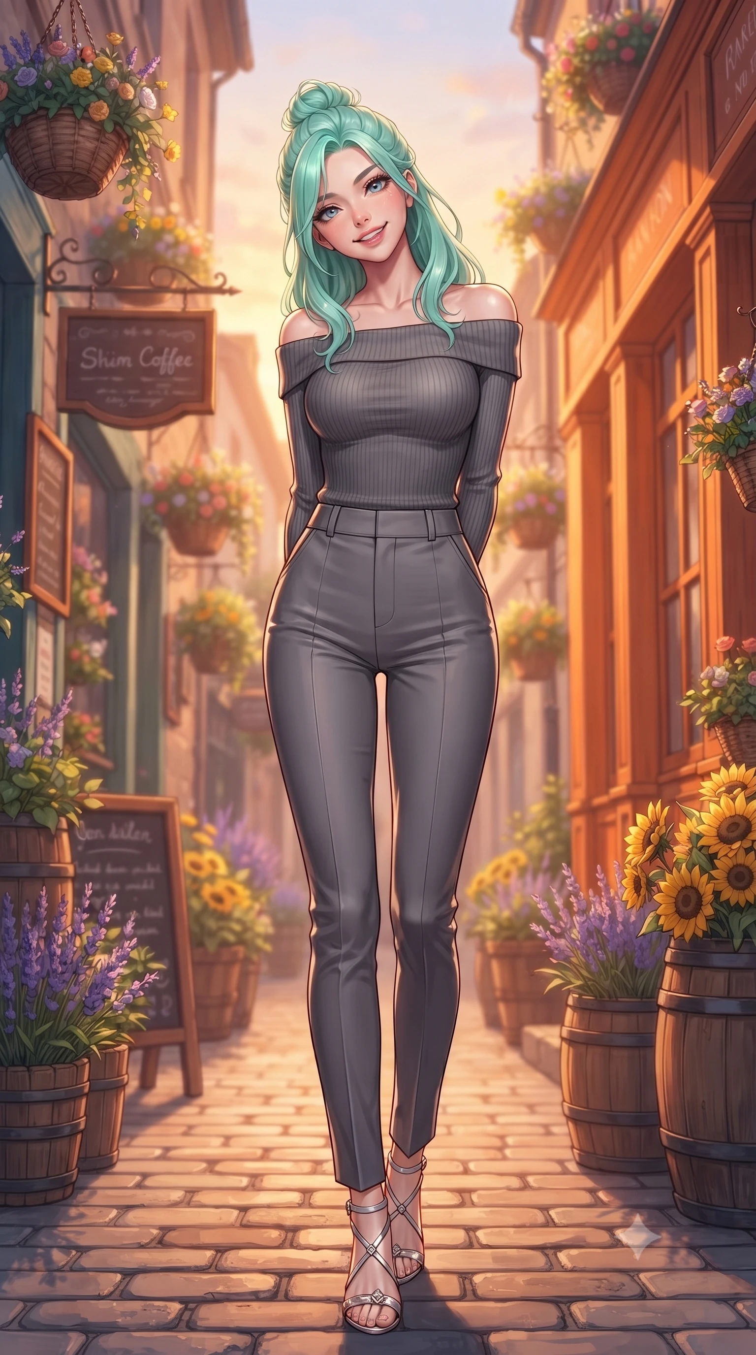 score_9, masterpiece, best quality, ultra-detailed, high-budget anime keyframe, editorial fashion photography, tasteful artistic composition, Japanese woman. low angle full-body shot from head to toe showing her feet, filling the entire 9:16 vertical frame with her statuesque presence, stretching her vertical silhouette. standing with a cute, bright pose, tilting her head with a beaming smile set against a soft-focus background of in a colorful alley decorated with hanging flower baskets and wooden signs with buckets of fresh lavender and yellow sunflowers lining the alley. She has an absolutely perfect, statuesque 8.5-heads proportion, an exceptionally tall and slender model-like female figure with impossibly long slender legs and an ultra-slim waist. sharp v-shaped jawline, high-bridge nose, intricate jewel-like eyes with depth, thick eyelashes, glossy lips with a natural sheen. wearing slim-fit body-hugging off-shoulder knit top in charcoal, paired with tailored slim pants. cozy golden hour sunset light painting the wooden shopfronts in orange. ultra-reflective glossy finish, specular highlights, metallic sheen, high-contrast stereoscopic depth, volumetric dynamic lighting, 2k, ultra detail, master piece, 9:16 ratio