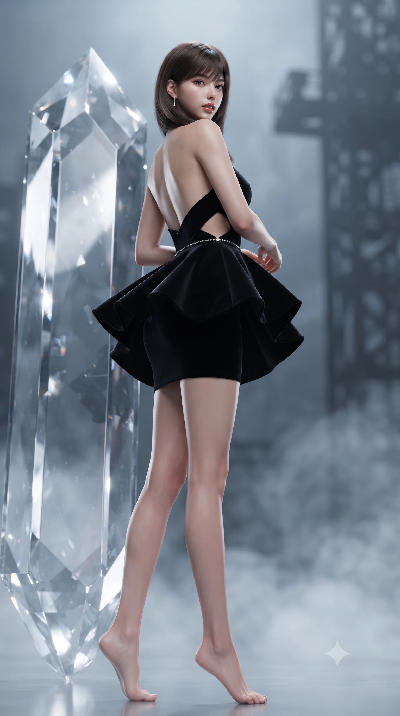 score_9, masterpiece, best quality, ultra-detailed, high-budget anime keyframe, editorial fashion photography, tasteful artistic composition, Korean woman. low angle full-body shot from head to toe showing her feet, filling the entire 9:16 vertical frame with her statuesque presence, stretching her vertical silhouette. executing an elegant mid-motion pivot turn as garments swirl around her slender limbs, glancing over her shoulder with an intoxicating bedroom-gaze while twisting her slender torso in an alluring contrapposto stance beside a giant crystal monolith, turning to look back over a bare shoulder with parted glossy lips. The composition keeps background elements in soft focus with creamy bokeh. subterranean geothermal mist and titanium gantry silhouettes softened in monumental sci-fi shallow focus. She has an exceptionally tall and slender model-like 8.5-heads proportion, an ultra-slim waist, a flat toned midriff, narrow delicate ribcage, and beautifully sculpted feminine hips creating a graceful, slim hourglass silhouette without any bulky heaviness, with impossibly long slender legs. sharp v-shaped jawline, high-bridge nose, intricate jewel-like eyes with depth, thick eyelashes, glossy parted lips with a natural sheen, intensely captivating and seductive bedroom-eyes expression, flawlessly proportioned anatomical accuracy, strict slender model proportions, natural body alignment, perfectly sculpted long slender limbs, ultra-slim waistline, clean dynamic posture without body distortion. wearing a modern peplum corset dress with side-waist diamond cutouts and an ultra-tight silhouette in pitch-black velvet with diamond crystal trim, tailored from water-resistant treated wool gabardine and flexible stretch silk, accented with a dainty diamond waist chain catching the ambient light reflections, the precision-cut side openings and low-back scoop framing her graceful spine and the sensual sweep of her slim, toned hips. illuminated by dazzling crystal facet reflections sharply defining her sculpted collarbones, ultra-slim waist, and curvy hips. ultra-reflective glossy finish, specular highlights, rich textural contrasts, high-contrast stereoscopic depth, volumetric dynamic lighting, 2k, ultra detail, master piece, 9:16 ratio