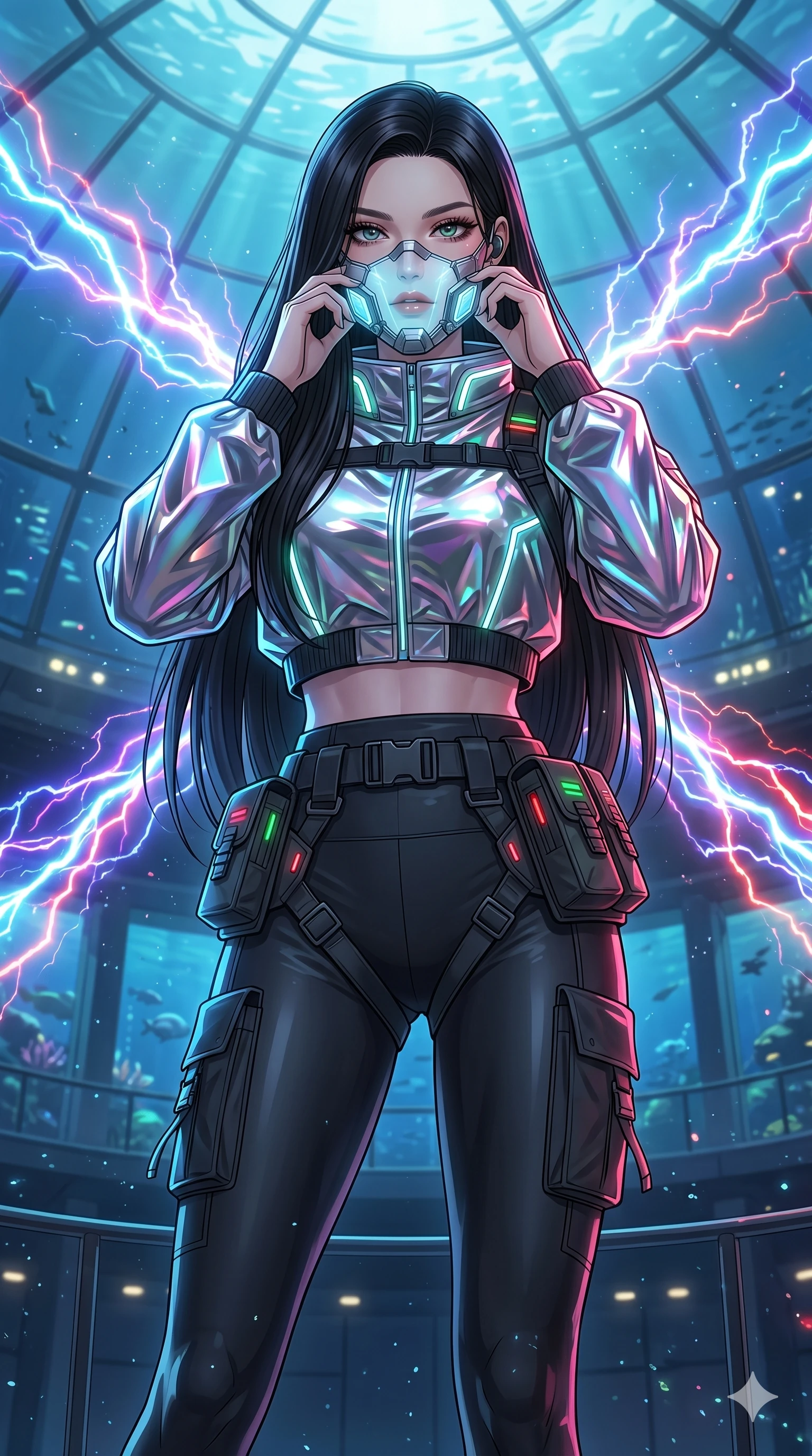 score_9, masterpiece, best quality, ultra-detailed, high-budget anime movie keyframe, cinematic anime lighting, intricate line art, Caucasian (strictly human ears) woman. Low angle cowboy shot filling the entire 9:16 frame with her statuesque presence. adjusting a glowing mask in a underwater city dome with lightning lasers. She has an absolutely perfect 8-heads proportion, an exceptionally tall and slender female figure with an ultra-slim waist and impossibly long slender legs. sharp v-shaped jawline, high-bridge nose, intricate jewel-like eyes, thick eyelashes, glossy lips. Wearing modern urban tech-wear ensemble with a cropped reflective bomber jacket, ultra-slim high-waisted cargo leggings, and tactical harness with neon-lit pouches. The scene is illuminated by dramatic atmospheric lighting and vibrant color palettes. , 2k, ultra detail, master piece, 9:16 ratio