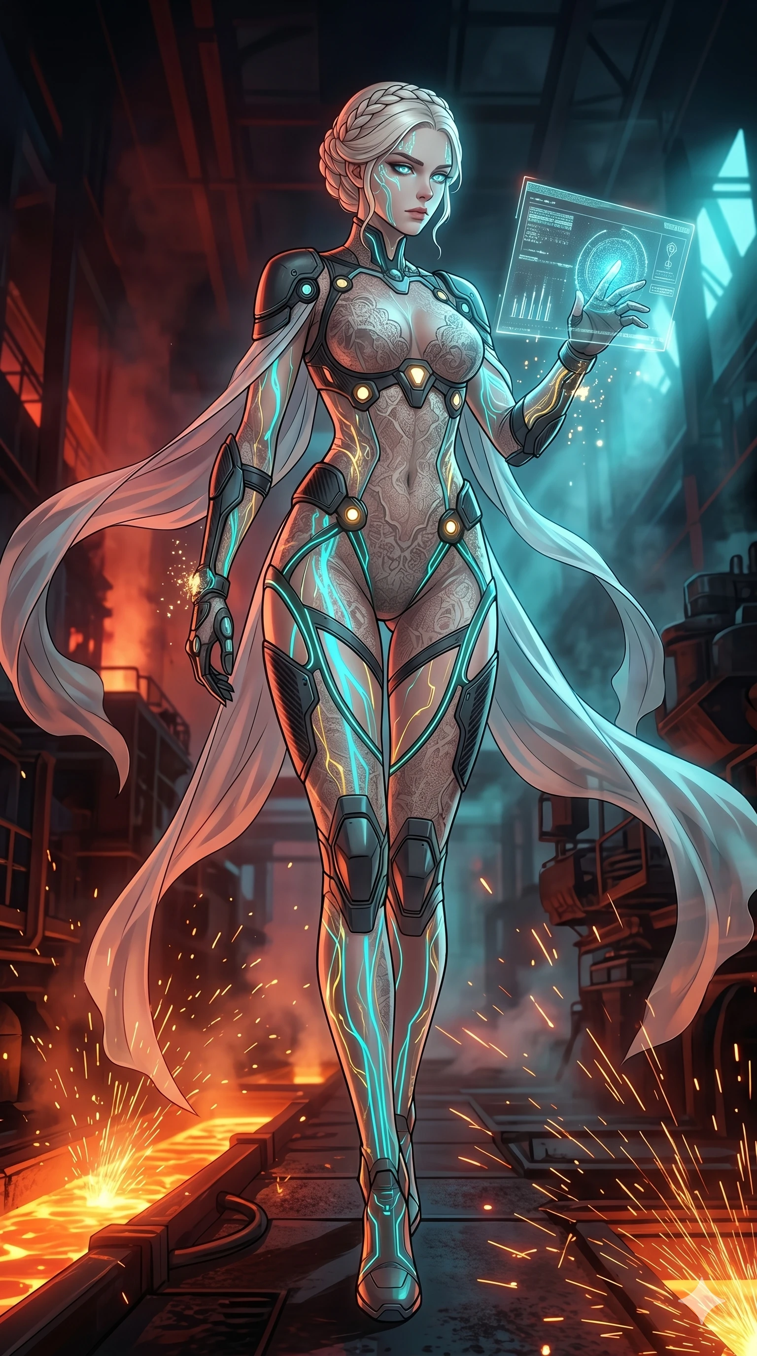 score_9, masterpiece, best quality, ultra-detailed, High-budget Anime Keyframe, vibrant colors, fluid line-art, expressive lighting, cinematic composition, Ufotable-style visual effects, top-tier animation quality, Caucasian woman with pale skin, blonde hair, and (strictly human ears). Cinematic low angle perspective showcasing her towering height and perfect 8-heads proportion. Merging her consciousness with a digital interface as rivers of data flow through her translucent skin and glowing eyes. She has an absolutely perfect 8-heads proportion, an exceptionally tall and slender female figure with impossibly long slender legs and an ultra-slim waist, her statuesque height and towering silhouette dominating the vertical 9:16 frame. Her face is a masterpiece featuring a sharp v-shaped jawline, high-bridge nose, intricate jewel-like eyes with depth, thick eyelashes, and glossy lips with a natural sheen. She is wearing a Sheer lace catsuit with strategically placed armor plating and glowing energy nodes crafted from Sheer silk that is translucent, flowing like water around her statuesque frame, with integrated neon-lit tactical gear and suggestive cutouts on the thighs. The scene is set in a gritty industrial factory with glowing molten metal, flying sparks, and deep shadows, illuminated by volumetric light beams cutting through a hazy atmosphere, creating a sense of depth. 2k, ultra detail, master piece, 9:16 ratio