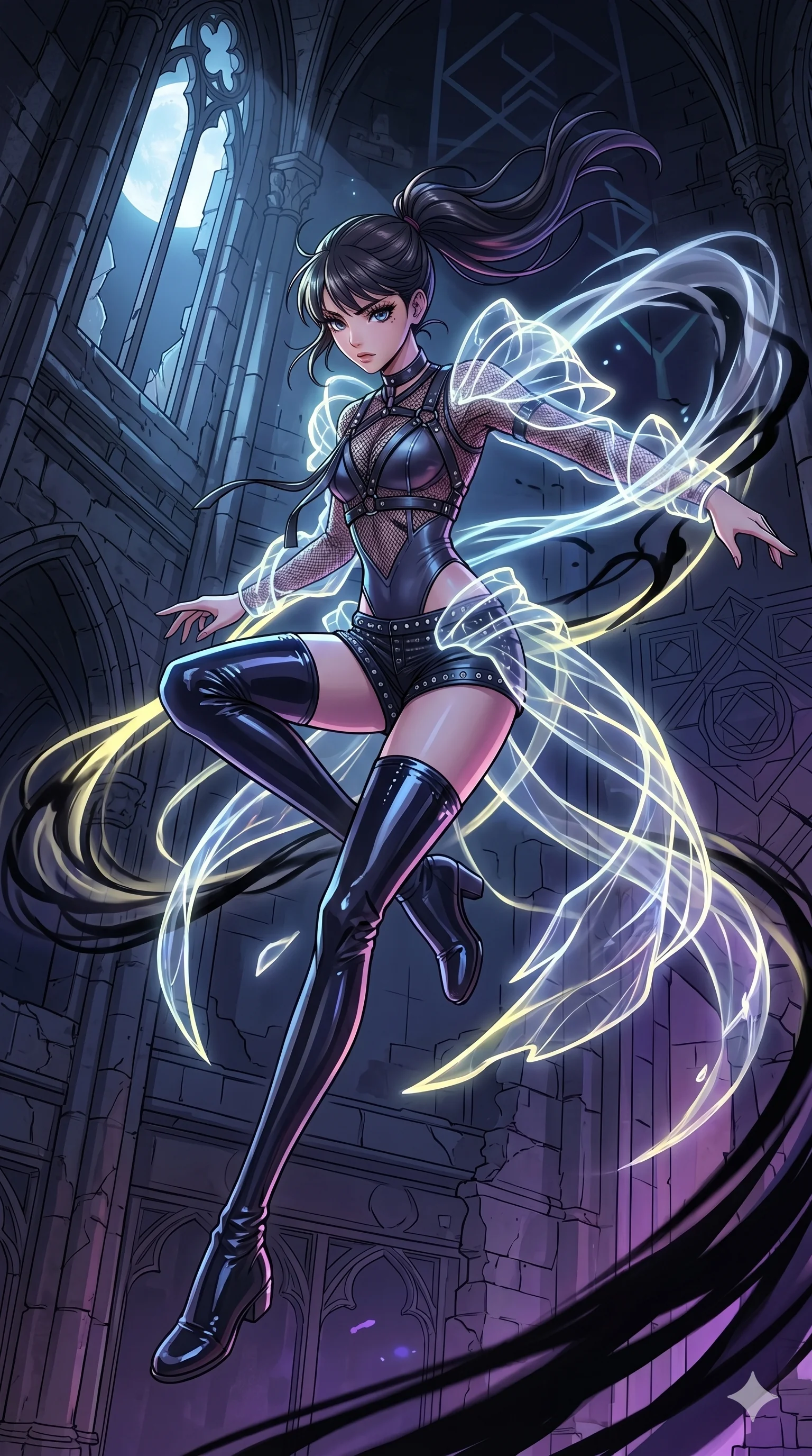 score_9, masterpiece, best quality, ultra-detailed, high-budget anime movie keyframe, cinematic anime lighting, intricate line art, Korean woman. Mid-air action shot capturing a graceful twist and vertical silhouette. weaving armor out of moonlight and shadows in a dark tower. She has an absolutely perfect 8-heads proportion, an exceptionally tall and slender female figure with an ultra-slim waist and impossibly long slender legs. strictly human anatomy, two legs only, no extra limbs, clearly defined legs and arms, perfect anatomy, perfect hands and fingers. sharp v-shaped jawline, high-bridge nose, intricate jewel-like eyes, thick eyelashes, glossy lips. Wearing K-Idol Stage: Leather harness over mesh, high-cut bodysuit, studded micro-shorts, and thigh-high patent boots. The scene is illuminated by dramatic atmospheric lighting and vibrant color palettes. , 2k, ultra detail, master piece, 9:16 ratio