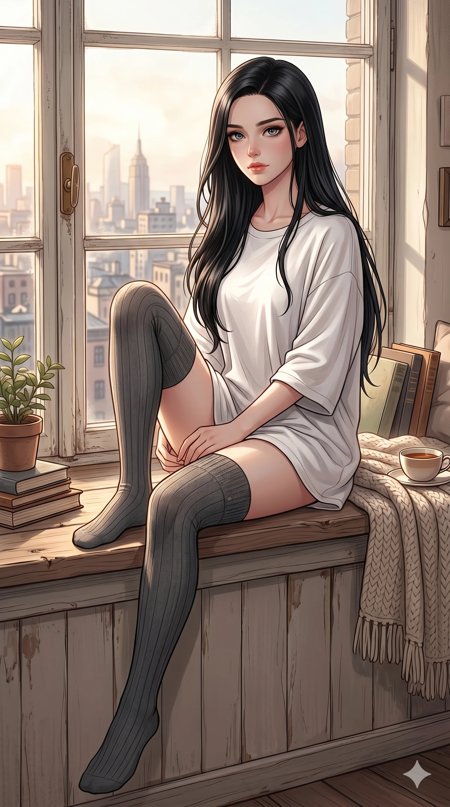 score_9, score_8_up, score_7_up, source_anime, masterpiece, best quality, ultra-detailed, same character with long black hair, wearing a white oversized shirt and high-thigh socks, sitting on a window sill in a cozy room, soft natural light, city view outside, 2k, ultra detail, master piece, 9:16 ratio